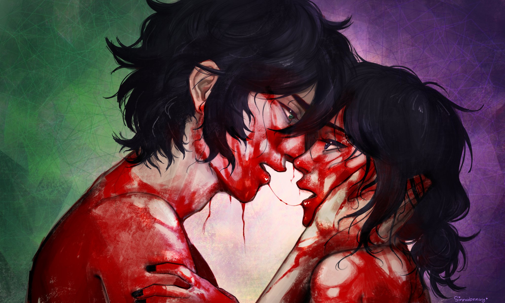 1boy, 1girls, 2d, andrew graves, ashley graves, black hair, blood in mouth, blood on face, blood stain, brother and sister, cannibalism, covered in blood, eye contact, gore, holding head, implied cannibalism, implied kiss, implied nudity, implied snuff, incest, kissing, older brother and younger sister, passionate, saliva string, saliva trail, sinnabnnuy, snuff, the coffin of andy and leyley, yandere, yanincest