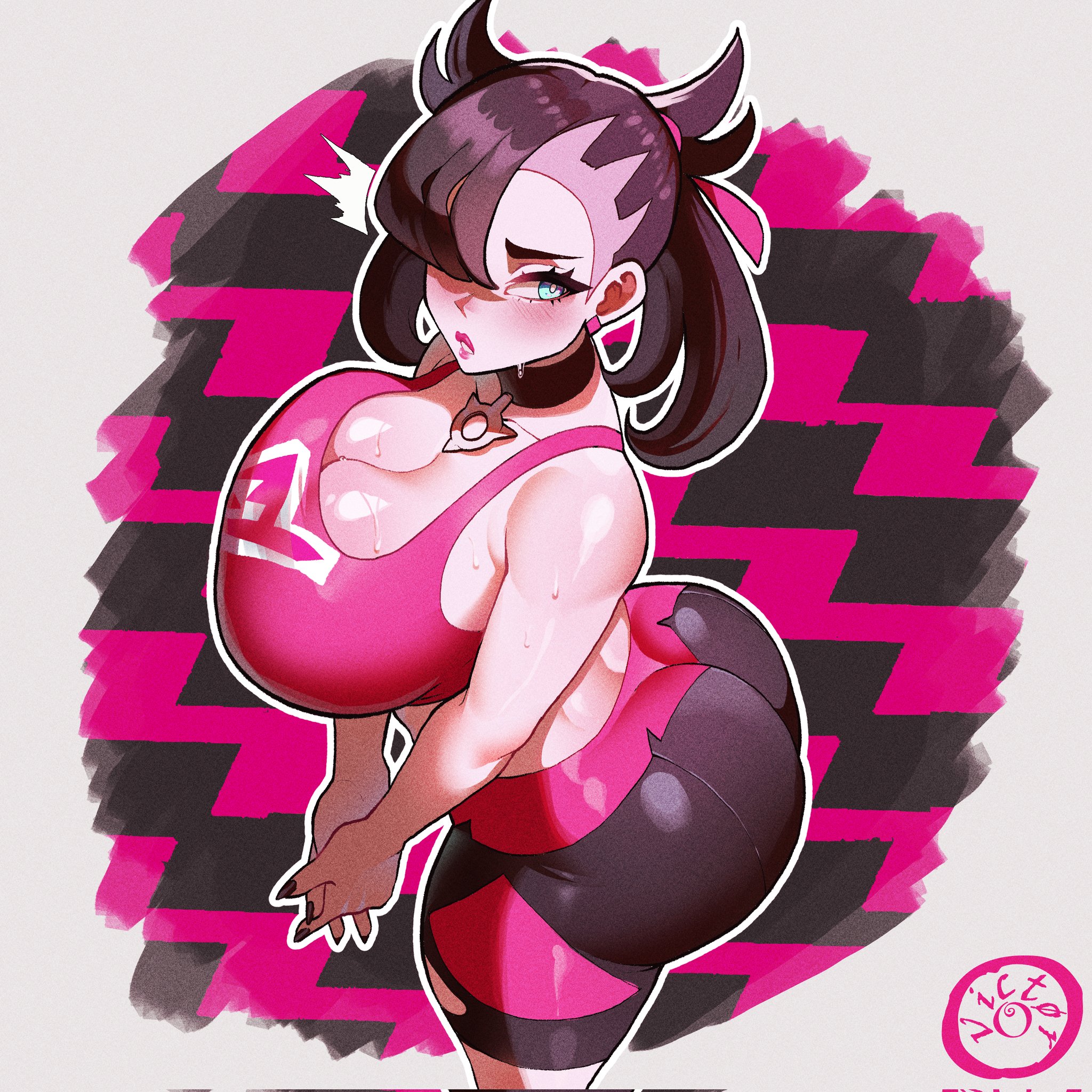 1girls, alternate breast size, ass, asymmetrical bangs, asymmetrical hair, bare shoulders, bent over, big ass, big breasts, black choker, black hair, blue eyes, blush, breasts, bubble butt, choker, cleavage, earrings, female, female only, huge ass, huge breasts, jewelry, large breasts, looking at viewer, marnie (pokemon), nintendo, pantyhose, pokemon, pokemon ss, solo, sweat, tagme, undercut, victorqe