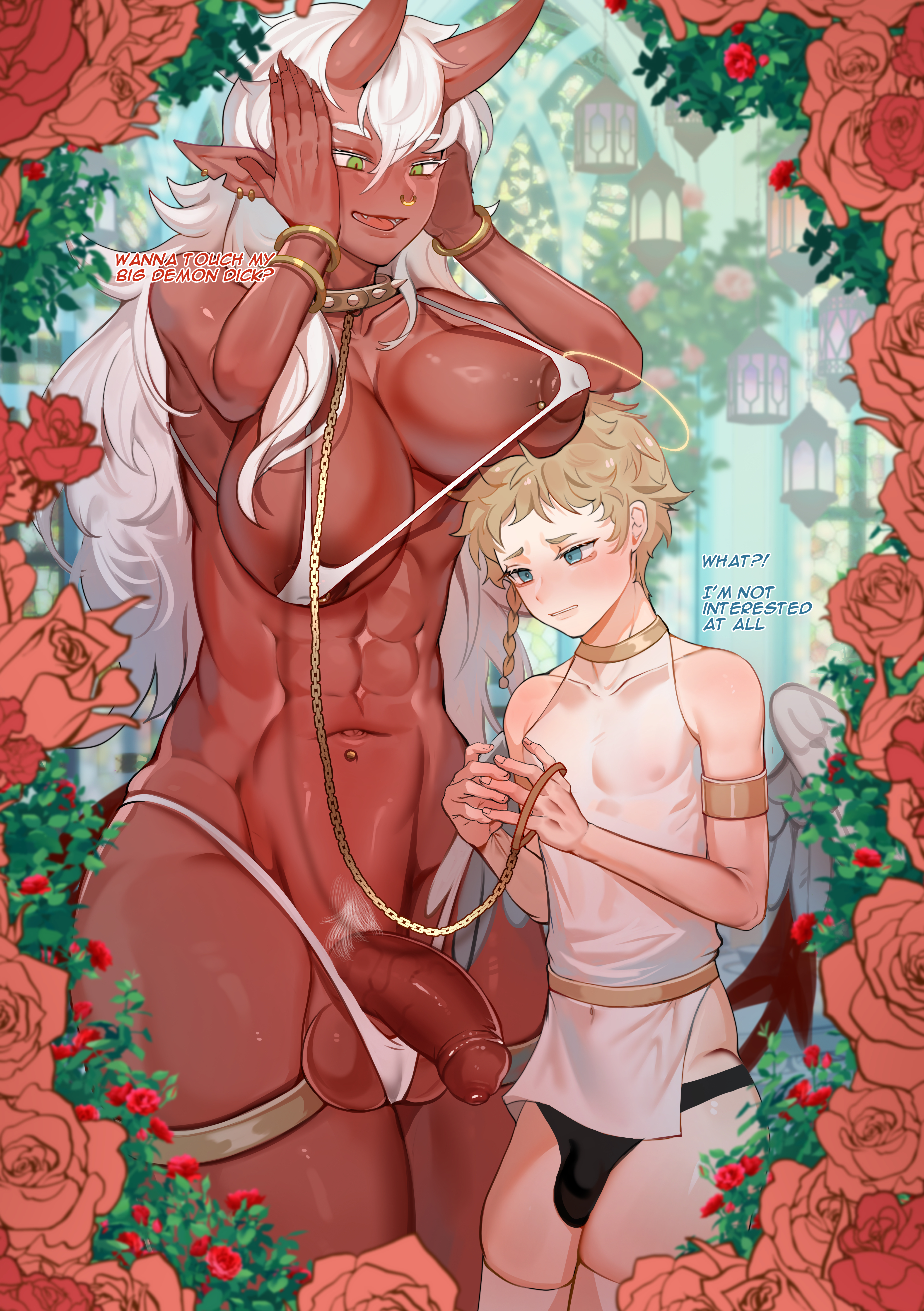 1futa, abs, angel wings, areola peek, bikini, byebyefrog, chains, clothed, clothing, demon, earrings, futa is bigger, futanari, horns, human, humanoid, humanoid penis, intersex, larger futa, leash, leash and collar, light skin, light-skinned male, male, micro bikini, mostly nude, muscular, navel piercing, nipple piercing, nose piercing, piercings, pubic hair, red skin, size difference, text, thong, white hair