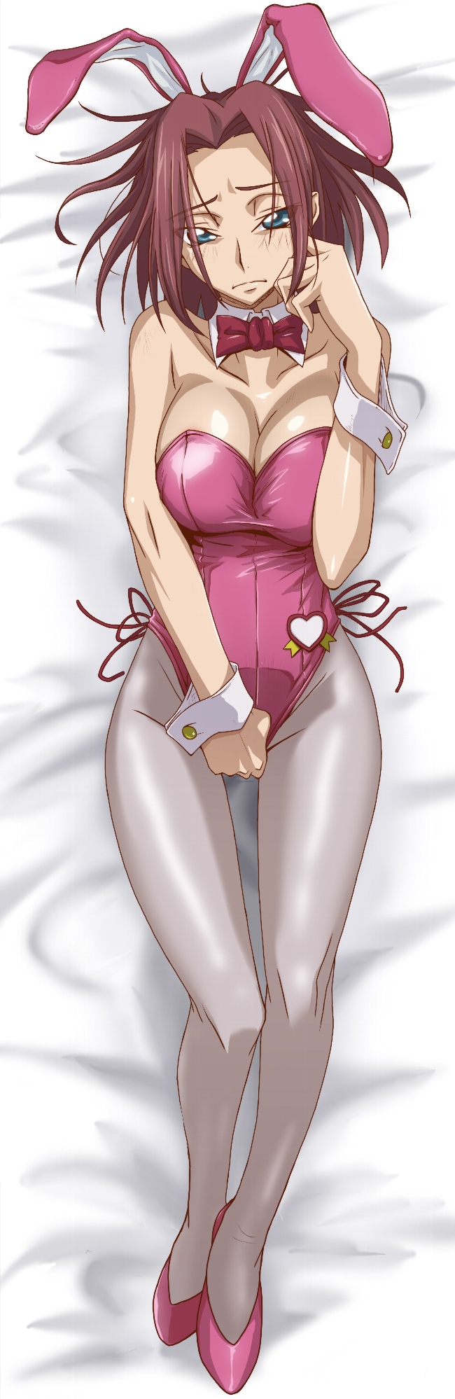 bow, bowtie, breasts, bunny ears, bunny girl, bunnysuit, code geass, detached collar, female, from above, high heels, highres, human, human only, kallen stadtfeld, kyabakurabakufu, large breasts, leotard, lying, on back, red hair, red neckwear, short hair, strapless, strapless leotard, tagme