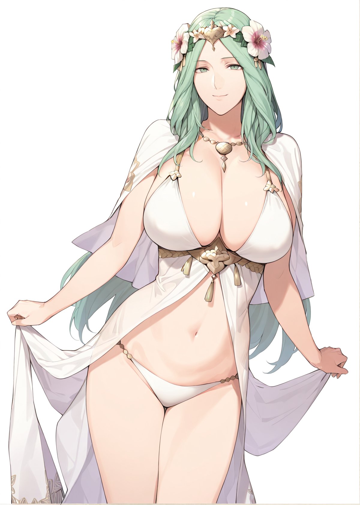 1girls, big breasts, bikini, breasts, cleavage, closed mouth, female, female only, fire emblem, fire emblem heroes, fire emblem: three houses, flodun, flower, green eyes, green hair, hair flower, hair ornament, large breasts, long hair, navel, nintendo, rhea (fire emblem), rhea (summer) (fire emblem), simple background, solo, swimsuit, thighs, white background, white bikini