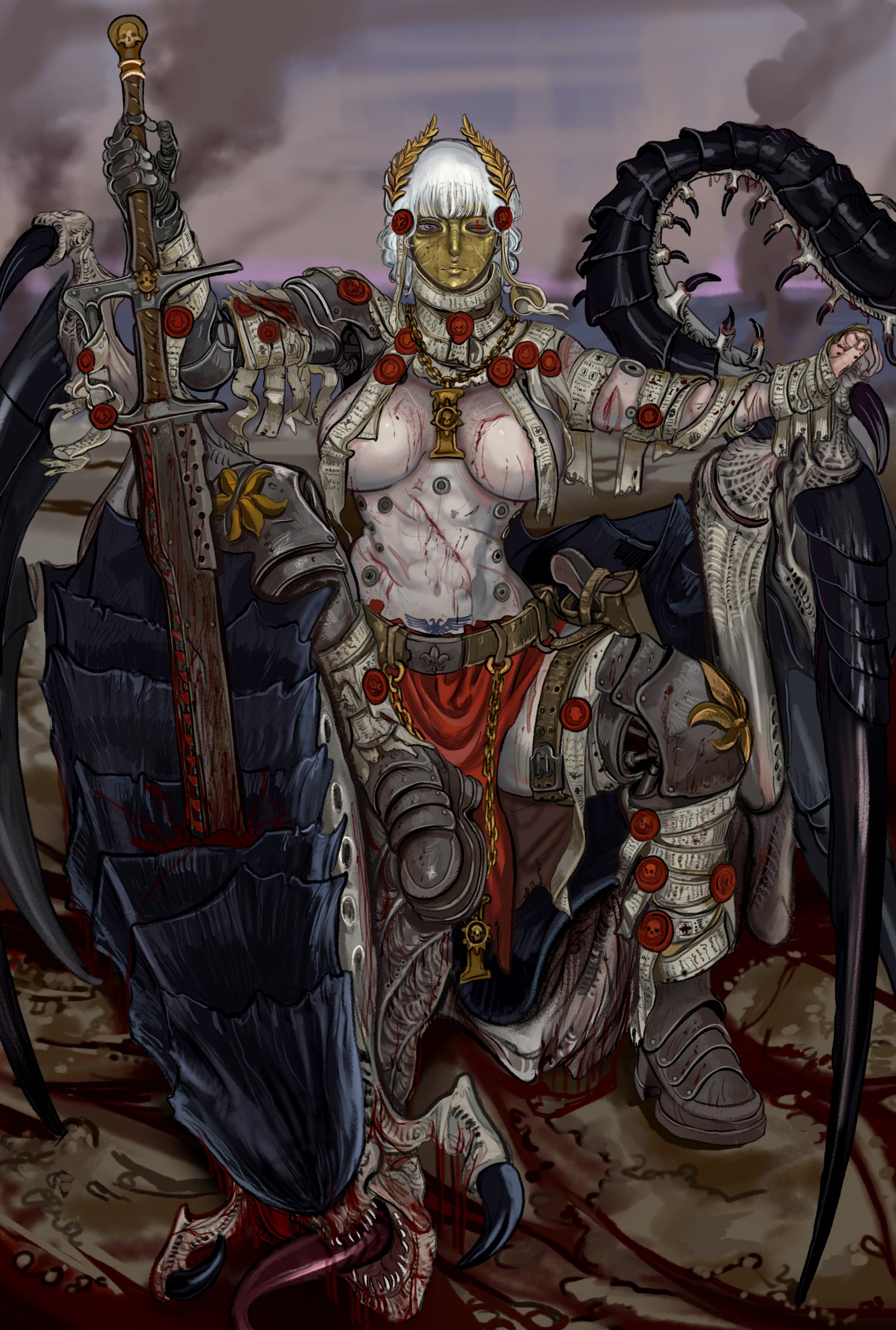 101ho, 1girls, abs, adepta sororitas, armor, armored female, bandage, bandages, belly, belly button, big breasts, blood, breasts, cross, cuts, female, female only, hair bun, huge breasts, mask, massive breasts, nipples, nipples visible through clothing, no bra, pale skin, pale-skinned female, pink nipples, pose, posing, pubic tattoo, rags, scar, scars, scars all over, short hair, sister of battle, sister repentia, sword, tattoo, thick thighs, tyranid, warhammer (franchise), warhammer 40k, white body, white hair, white skin