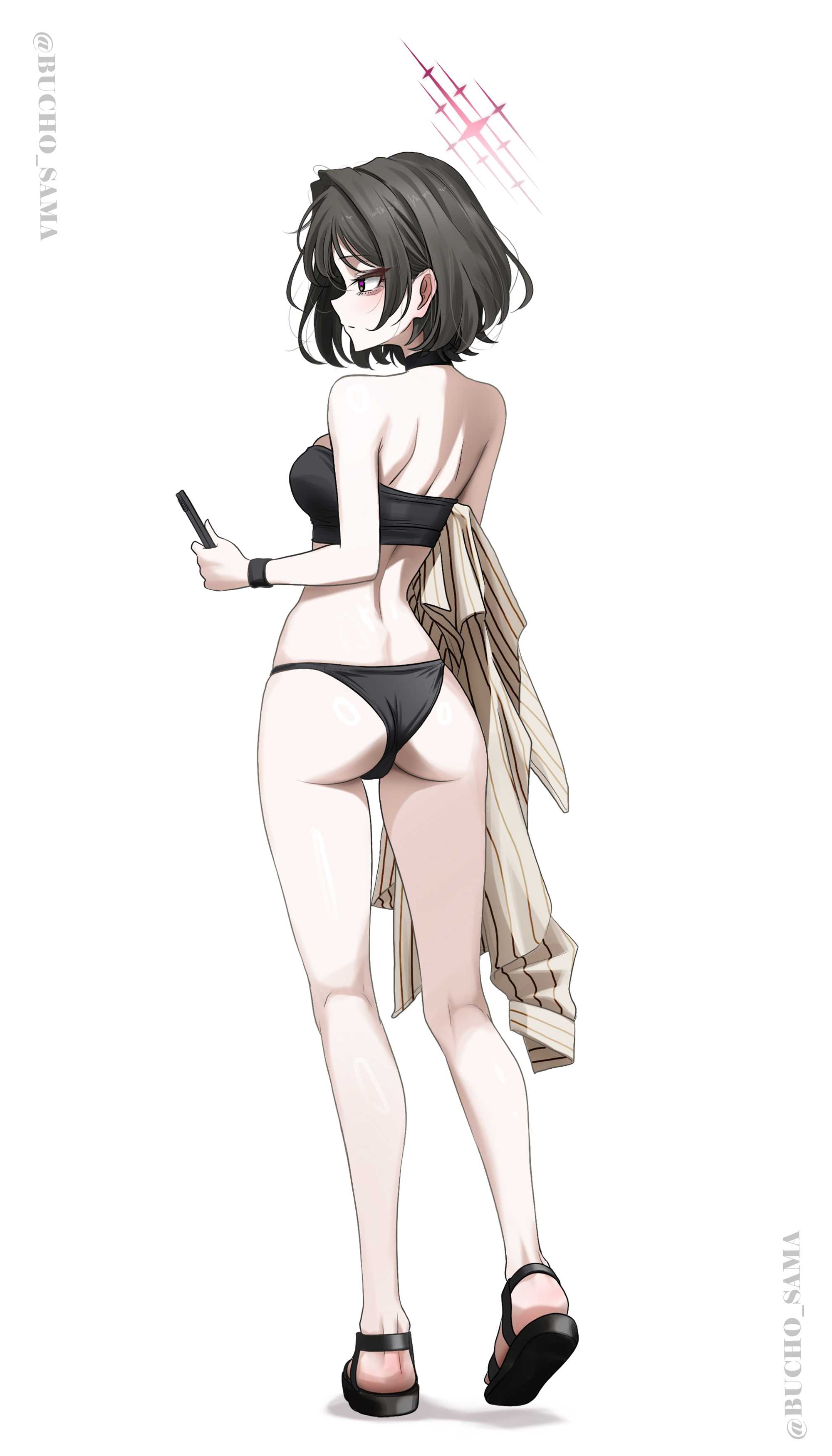 1girls, 2d, 2d (artwork), 2d artwork, ass, ass cleavage, ass crack, back, bare arms, bare back, bare calves, bare hands, bare hips, bare knees, bare legs, bare shoulders, bare skin, bare thighs, bikini, bikini bottom, bikini only, bikini top, black bikini, black bikini bottom, black bikini top, black choker, black footwear, black sandals, black swimsuit, black swimwear, blue archive, breasts, brown eyes, brown-eyed female, bucho sama, calves, choker, curvaceous, curvaceous body, curvaceous female, curvaceous figure, curvaceous hips, curvaceous teen, curvy, curvy ass, curvy body, curvy female, curvy figure, curvy hips, curvy teen, digital, digital art, digital drawing, digital drawing (artwork), digital media, digital media (artwork), dimples of venus, elbows, exposed arms, exposed back, exposed hips, exposed legs, exposed shoulders, exposed skin, exposed thighs, feet, female, female focus, female only, fingers, footwear, full body, gluteal fold, grey eyebrows, grey hair, grey-haired female, groin, half naked, half nude, halo, high resolution, highres, kneepits, knees, lean figure, legs, median furrow, medium breasts, medium hair, misaki (blue archive), naked, naked female, naked woman, narrow waist, nude, nude female, nudity, profile, red halo, sandals, semi nude, short hair, shoulder blades, shoulders, sideboob, simple background, slender body, slender waist, slim waist, soles, solo, standing, swimsuit, swimwear, thick ass, thick butt, thigh gap, thighs, white background, wide hips