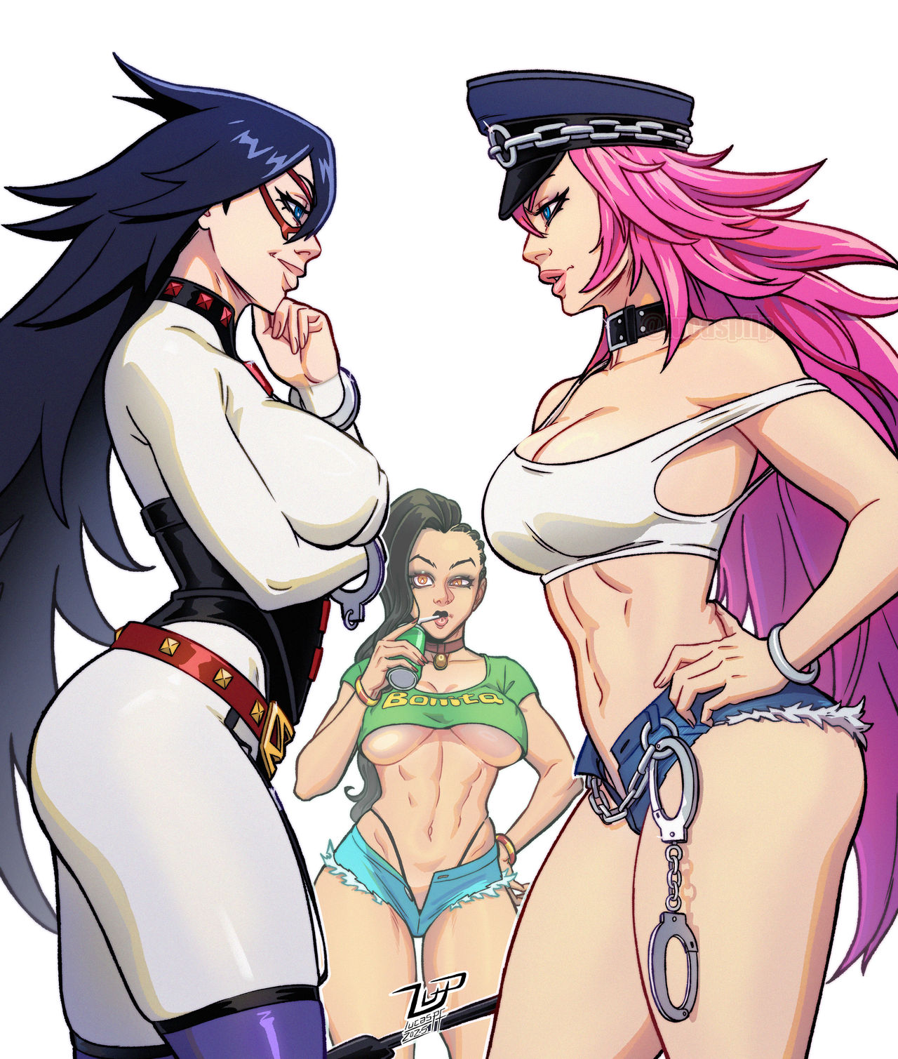 3girls, abs, asymmetrical hair, belt, black hair, blue eyes, blue shorts, bodysuit, bracelet, breasts, brown eyes, choker, cleavage, clothing, collar, covered nipples, crop top, cropped shirt, crossover, cuffs, cutoffs, dark-skinned female, denim, denim shorts, dominatrix, domino mask, drinking, female, female only, final fight, hand on own chin, hand on own hip, handcuffs, hat, highleg, jewelry, large breasts, laura matsuda, lips, long hair, looking at another, lucaspflp, mask, micro shorts, midnight (my hero academia), midriff, mole, multiple crossover, multiple girls, muscular, muscular female, my hero academia, navel, open fly, panties, peaked cap, pink hair, poison (final fight), riding crop, short shorts, shorts, skin tight, smile, strap slip, street fighter, stroking own chin, superhero, tank top, thighhighs, thighs, thong, toned, underboob, undercut, underwear, unzipped, very long hair, white background, white bodysuit, white tank top