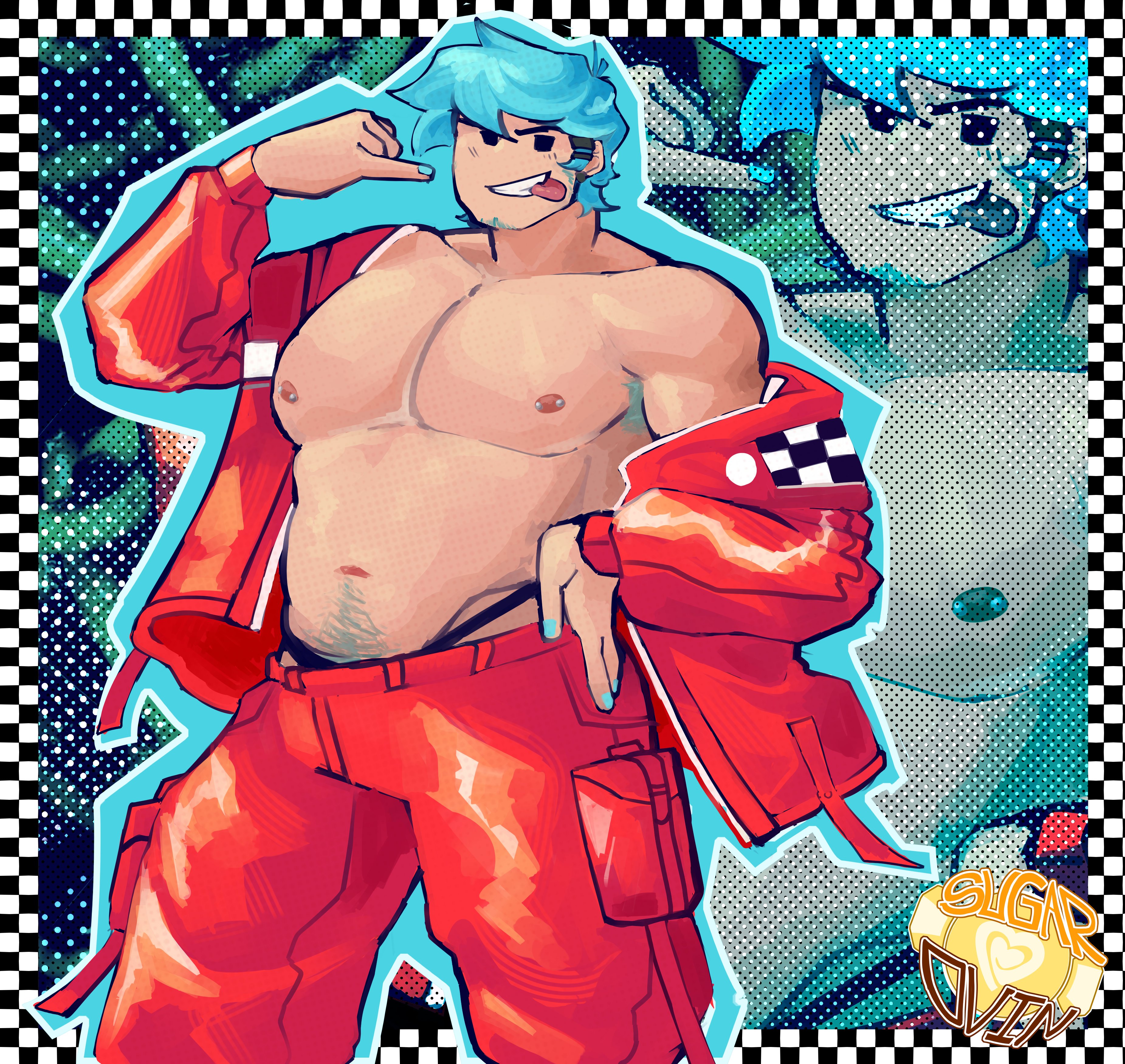 1boy, bara, beard, beard stubble, bearded, blue beard, blue hair, blue nail, blue nail polish, blue nails, boy only, boyfriend (fnf), boyfriend (friday night funkin), checker pattern, checkerboard, checkered background, chest out, chest visible, finger out, fnf, fnf bf, fnf boyfriend, friday night funkin, gay, hand on hip, happy trail, jockstrap, light blue hair, light blue nail polish, light blue nails, male only, muscles, muscular, muscular male, navel, nipple piercing, nipple piercings, nipples, nipples out, nipples outside, pierced nipples, piercing, piercings, piercings on nipples, pinkie out, red clothes, red clothing, red pants, red shirt, shirtless, shirtless (male), shirtless male, sky blue hair, small beard, sugarovin, tongue out, yaoi