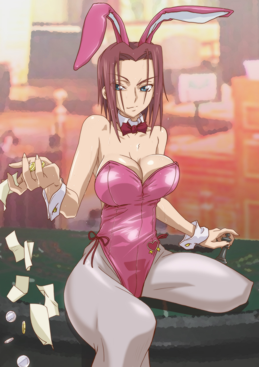 bow, bowtie, breasts, bunny ears, bunny girl, bunnysuit, code geass, detached collar, female, highres, human, human only, kallen stadtfeld, kyabakurabakufu, large breasts, leotard, red hair, red neckwear, short hair, strapless, strapless leotard, tagme