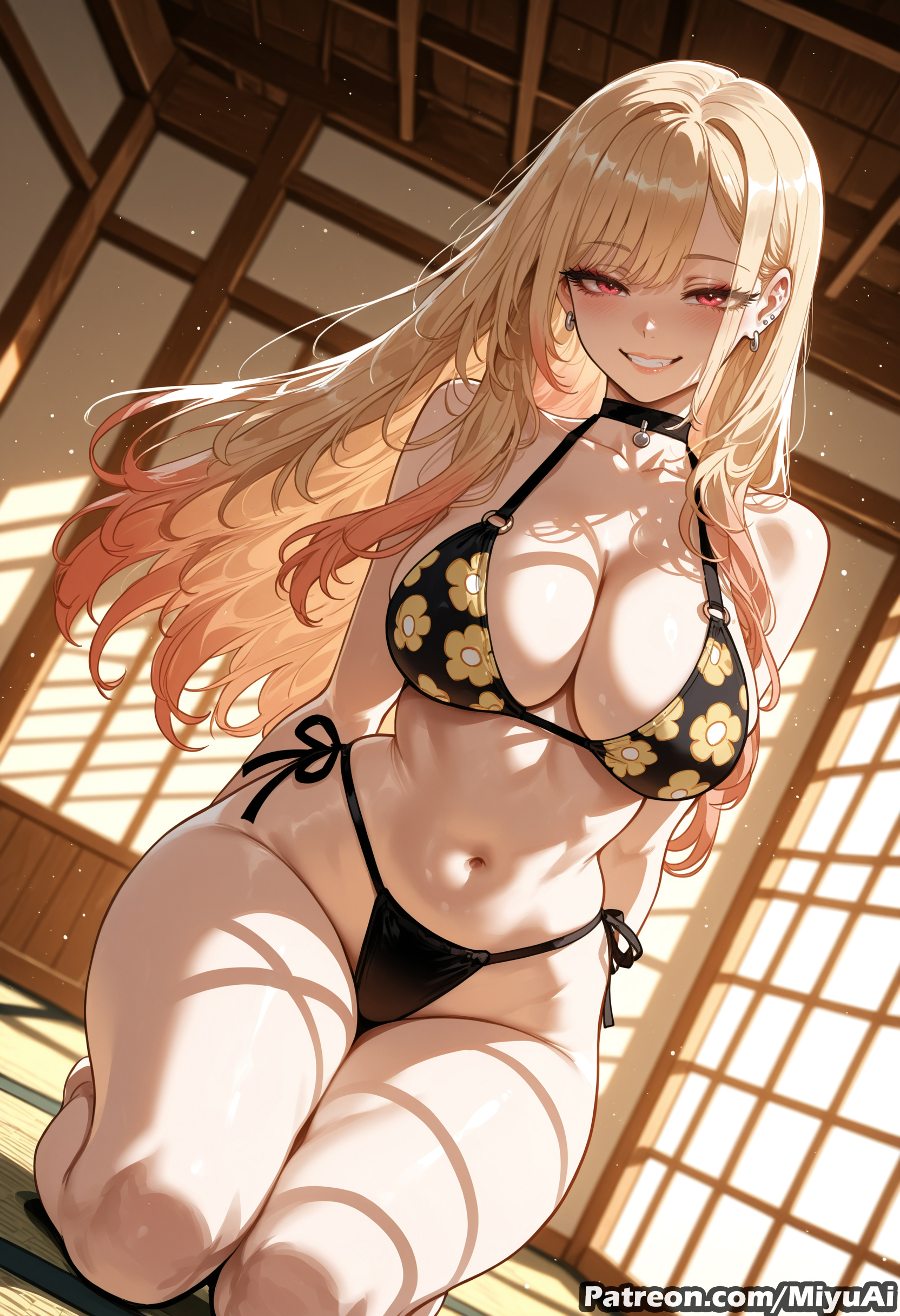 1girl, ai assisted, ai generated, bangs, bikini, black bikini, blonde hair, blush, breasts, choker, cleavage, curvaceous, curvy, curvy female, curvy figure, ear piercing, earrings, eyebrows visible through hair, female, floral print, grin, highleg bikini, indoors, jewelry, kitagawa marin, large breasts, long hair, looking at viewer, miyuai, multi-strapped bikini, my dress up darling, navel, red eyes, shouji, side-tie bikini, sliding doors, smile, solo, sono bisque doll wa koi wo suru, swimsuit, tatami, teeth, thick, thick ass, thick butt, thick hips, thick legs, thick thighs, thighs, voluptuous, voluptuous female, wide hips, wide thighs