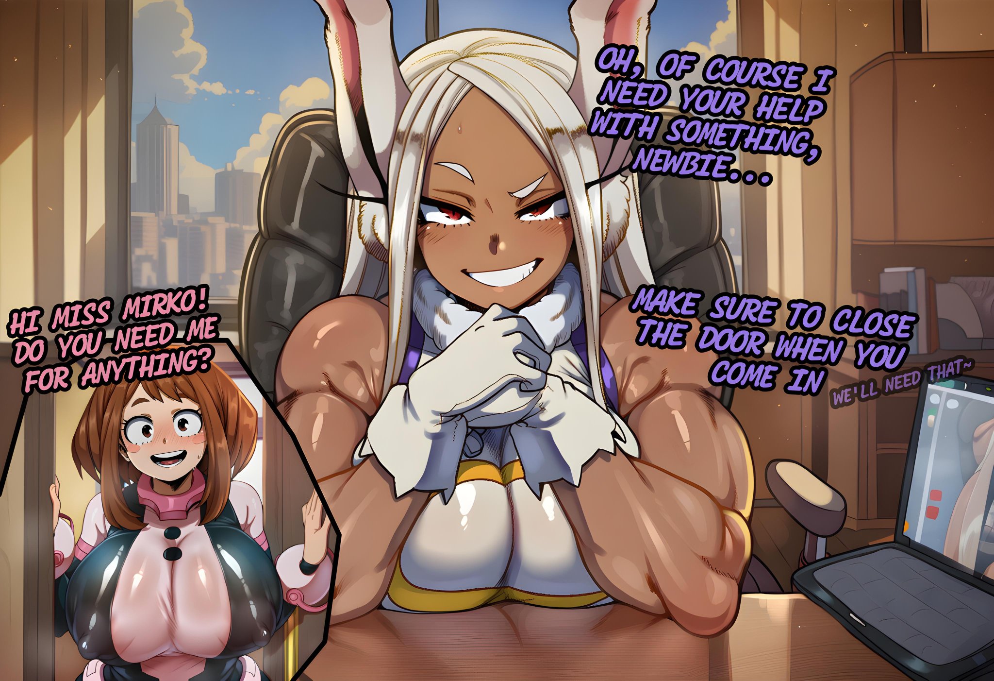 1futa, 1girls, abs, ai generated, animal ears, bare shoulders, big breasts, blush, breast rest, breasts, brown eyes, brown hair, bunny ears, dark skin, dark-skinned futa, english text, futanari, gloves, grin, huge breasts, kurora, large breasts, leotard, light-skinned female, miruko, muscle, muscular futa, my hero academia, nipples, nipples visible through clothing, ochako uraraka, parted bangs, red eyes, sitting, smile, tagme, teeth, white gloves, white hair
