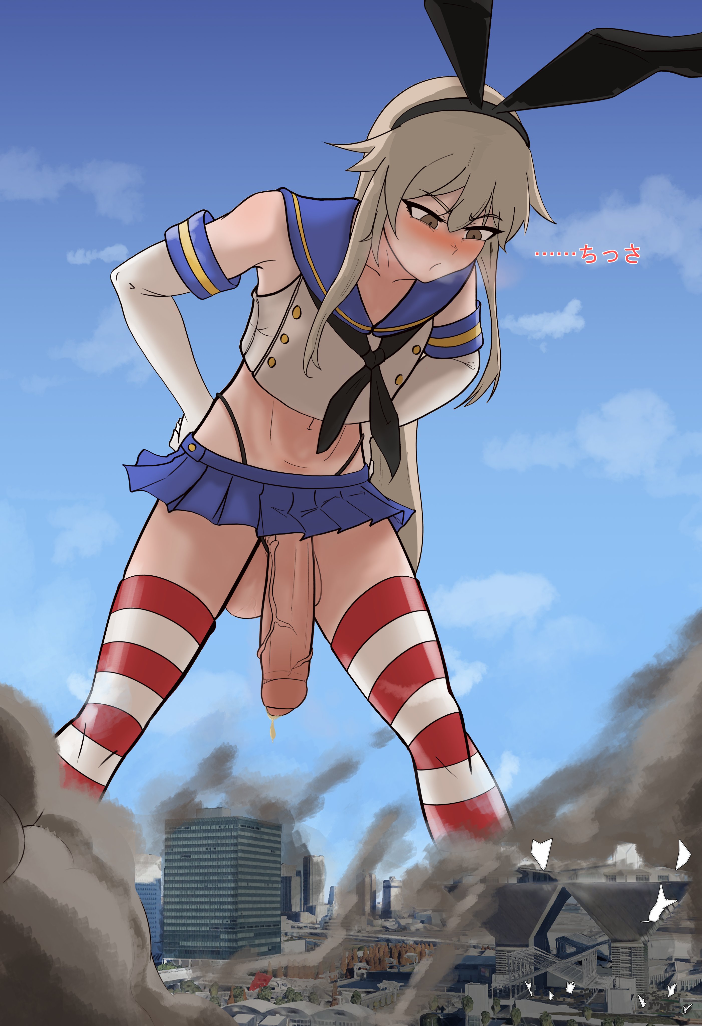 1boy, annoyed, balls, big balls, big penis, blush, bunny ears, city, crossdressing, destruction, femboy, gbgtgm, giant, giant femboy, giant male, kantai collection, light skin, light-skinned male, long hair, macro, male, male only, miniskirt, penis, precum, precum drip, revealing clothes, shimakaze (kantai collection), shimakaze-kun, skirt, solo, testicles, thighhighs, trap