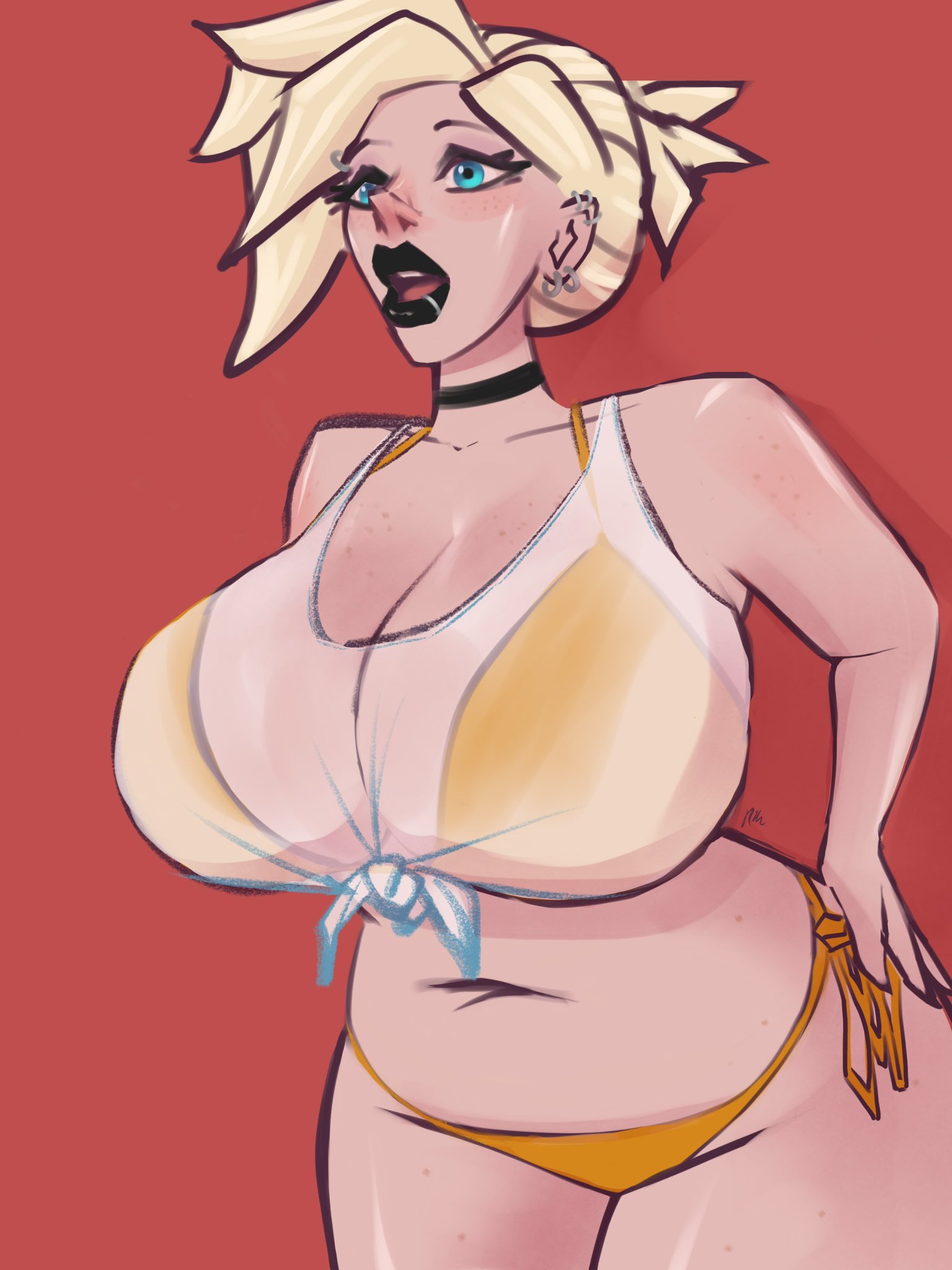 alt girl, belly button, big breasts, bikini, bikini bottom, bikini top, black lipstick, blonde female, blonde hair, blue eyes, breasts, breasts focus, choker, chubby, chubby female, ear piercing, eyebrow piercing, fancylazard, female, female only, goth, huge breasts, large breasts, lip piercing, mercy, navel, open mouth, overwatch, piercing, solo, solo female, thick, thick thighs, translucent clothing, translucent topwear, wet clothes, wet t-shirt, wet topwear