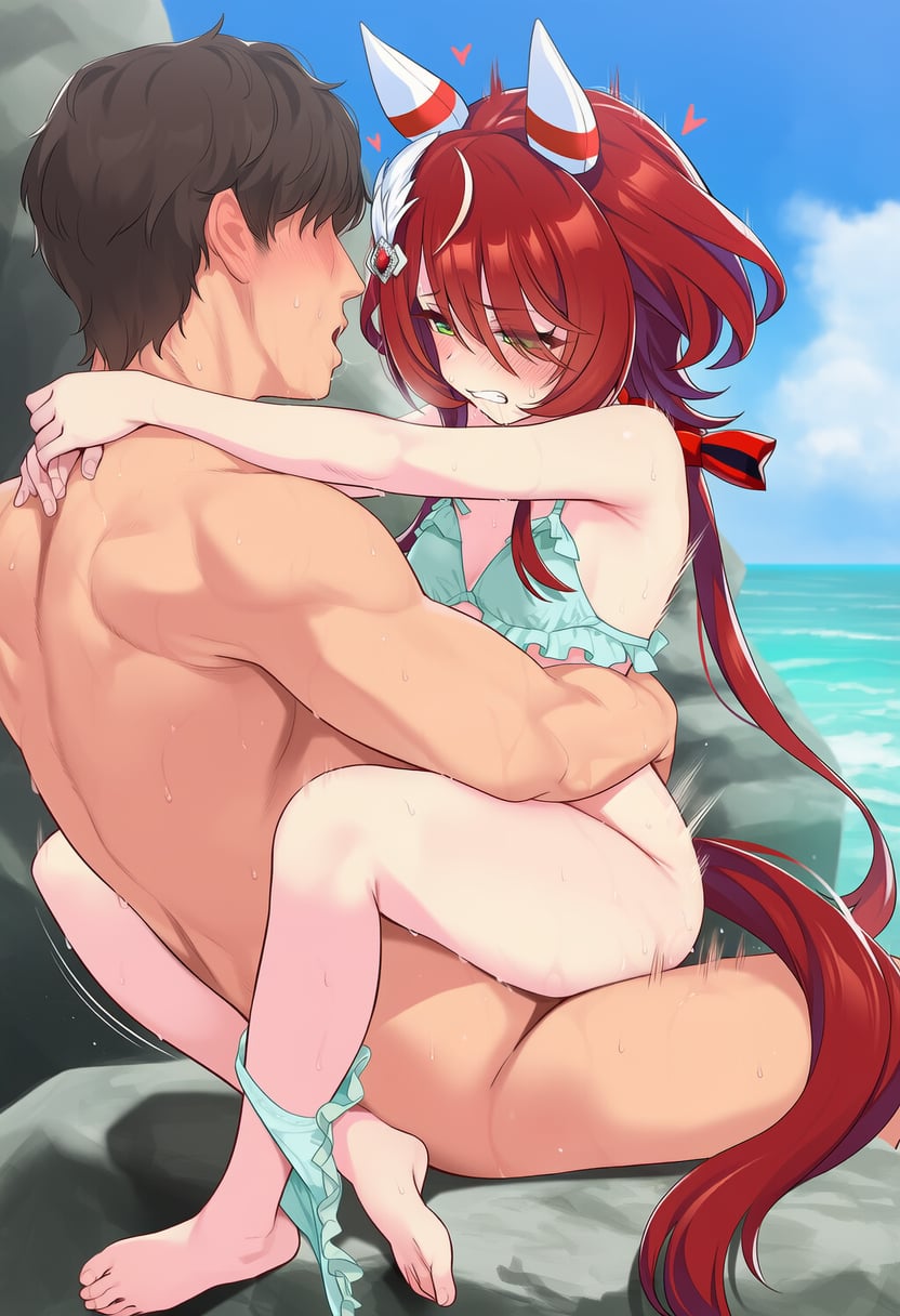 ai generated, animal ears, crimson hair, female, frilled bikini, green eyes, highlights (coloring), horse girl, long hair, long twin ponytails, long twintails, twin ponytails, umamusume, umamusume pretty derby, win variation (umamusume)