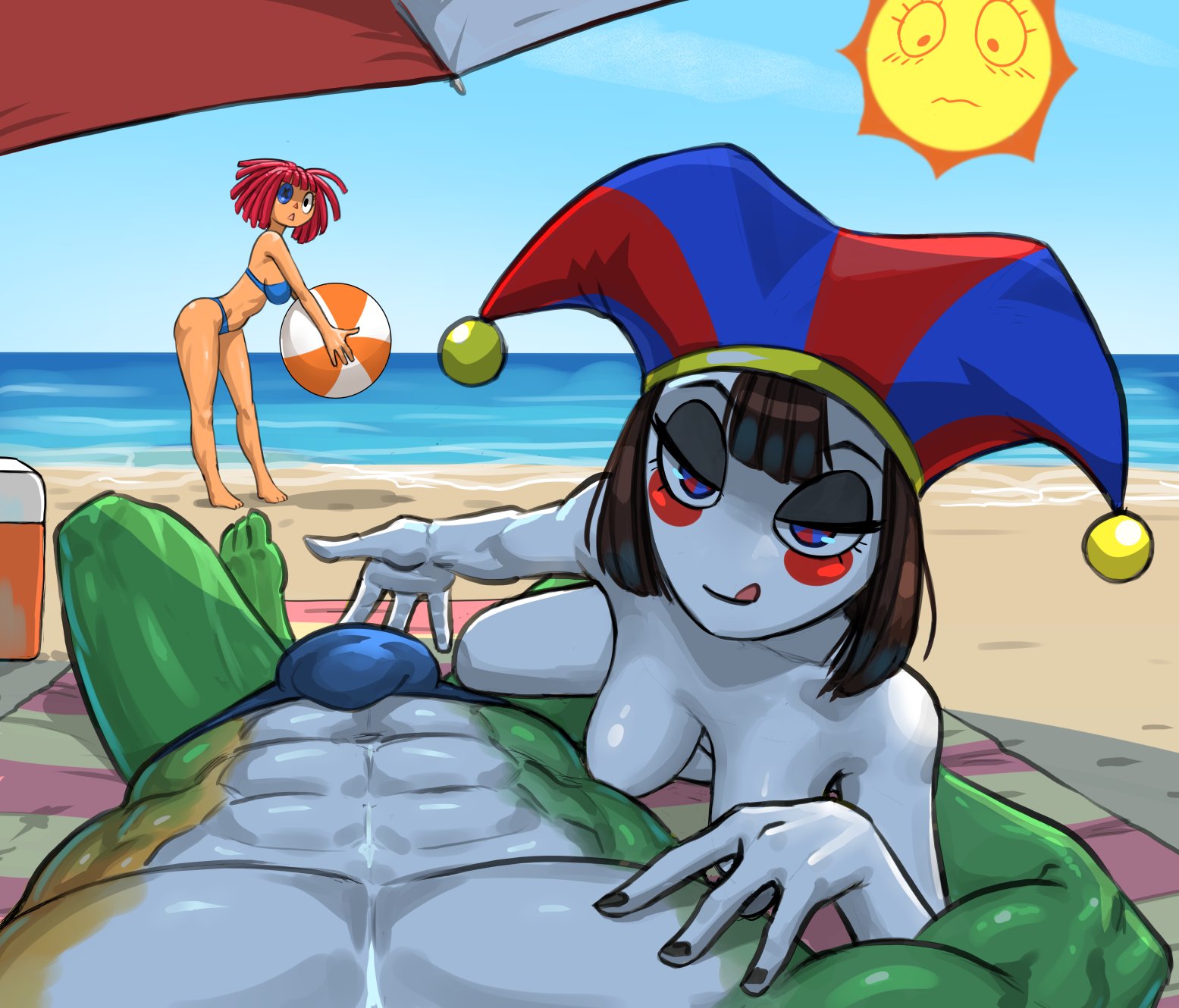 1boy, 1girls, abs, bare arms, bare legs, bare shoulders, bare thighs, beach, beach ball, big breasts, bikini, bikini bottom, bikini top, brown hair, bulge, colored, female, flick, gummigoo (the amazing digital circus), hand on bulge, hi res, large breasts, light skin, light-skinned female, male, male/female, muscles, muscular, muscular male, pomni (the amazing digital circus), pov, ragatha (the amazing digital circus), red hair, sand, sea, short hair, sun, sun (the amazing digital circus), tagme, the amazing digital circus, thick thighs, water