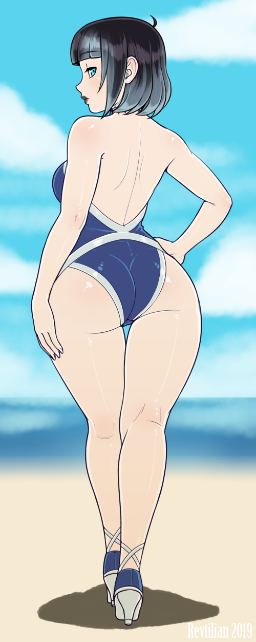ass, breasts, cleavage, female, female only, high heels, looking at viewer, looking back, one-piece swimsuit, revtilian, solo, swimsuit