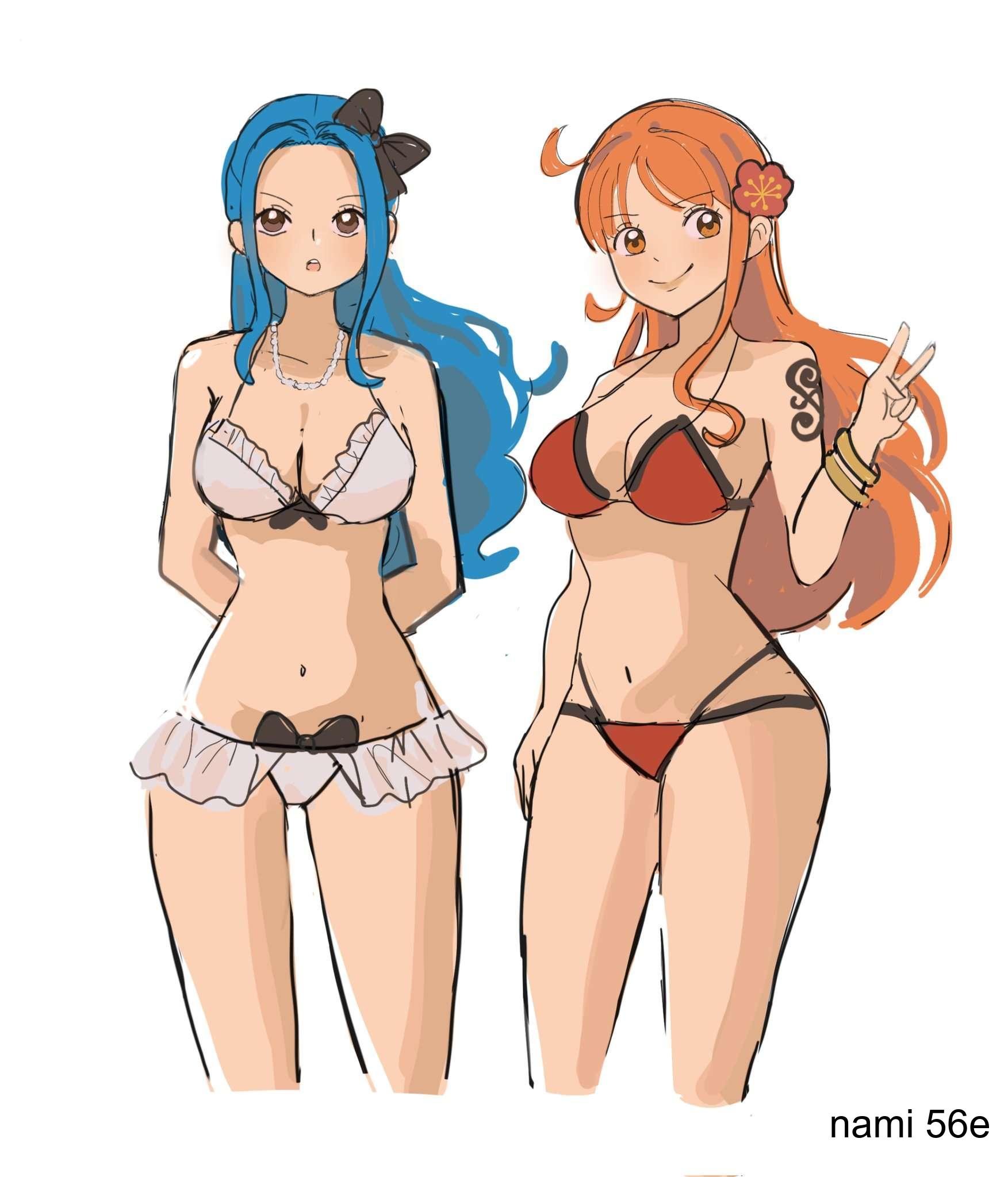 :o, 2d, 2d (artwork), 2d artwork, 2girls, adult, adult female, arm behind back, arm tattoo, arms behind back, bare armpits, bare arms, bare belly, bare chest, bare hands, bare hips, bare legs, bare midriff, bare navel, bare shoulders, bare skin, bare thighs, belly, belly button, big breasts, bikini, bikini bottom, bikini only, bikini top, black hair ribbon, black ribbon, blue eyebrows, blue hair, blue tattoo, blue-haired female, breasts, brown eyes, brown-eyed female, busty, busty female, busty girl, cleavage, closed mouth smile, collarbone, curvaceous, curvaceous body, curvaceous female, curvaceous figure, curvaceous hips, curvy, curvy body, curvy female, curvy figure, curvy hips, digital, digital art, digital drawing, digital drawing (artwork), digital media, digital media (artwork), elbows, exposed armpits, exposed arms, exposed belly, exposed chest, exposed hips, exposed legs, exposed midriff, exposed navel, exposed shoulders, exposed skin, exposed thighs, eyebrows visible through hair, female, female focus, female only, fingers, flower, flower hair ornament, flower in hair, flower on head, frilled bikini, frilled bikini bottom, frilled bikini top, front-tie bikini, front-tie bikini top, ginger, ginger hair, groin, hair ornament, hair ornaments, hair ribbon, halterneck, hand behind back, hands behind back, head tilt, high resolution, highres, hourglass figure, large boobs, large breasts, lean figure, long hair, looking at viewer, mature, mature female, midriff, multiple females, multiple girls, nami (one piece), nami 56e, narrow waist, navel, nefertari vivi, one piece, open mouth, orange eyebrows, orange eyes, orange hair, orange hair female, orange-eyed female, orange-haired female, parted bangs, parted lips, peace siging, post-timeskip, princess, red bikini, red bikini bottom, red bikini top, red swimsuit, red swimwear, ribbon, royalty, shoulders, sign, simple background, slender body, slender waist, slim waist, smile, smiley face, smiling, smiling at viewer, standing, string bikini, swimsuit, swimwear, tattoo, tattoo on arm, tattooed arm, thighs, tilted head, tongue, upper body, upper teeth, v, v sign, wavy hair, white background, white bikini, white bikini bottom, white bikini top, white swimsuit, white swimwear, wide hips