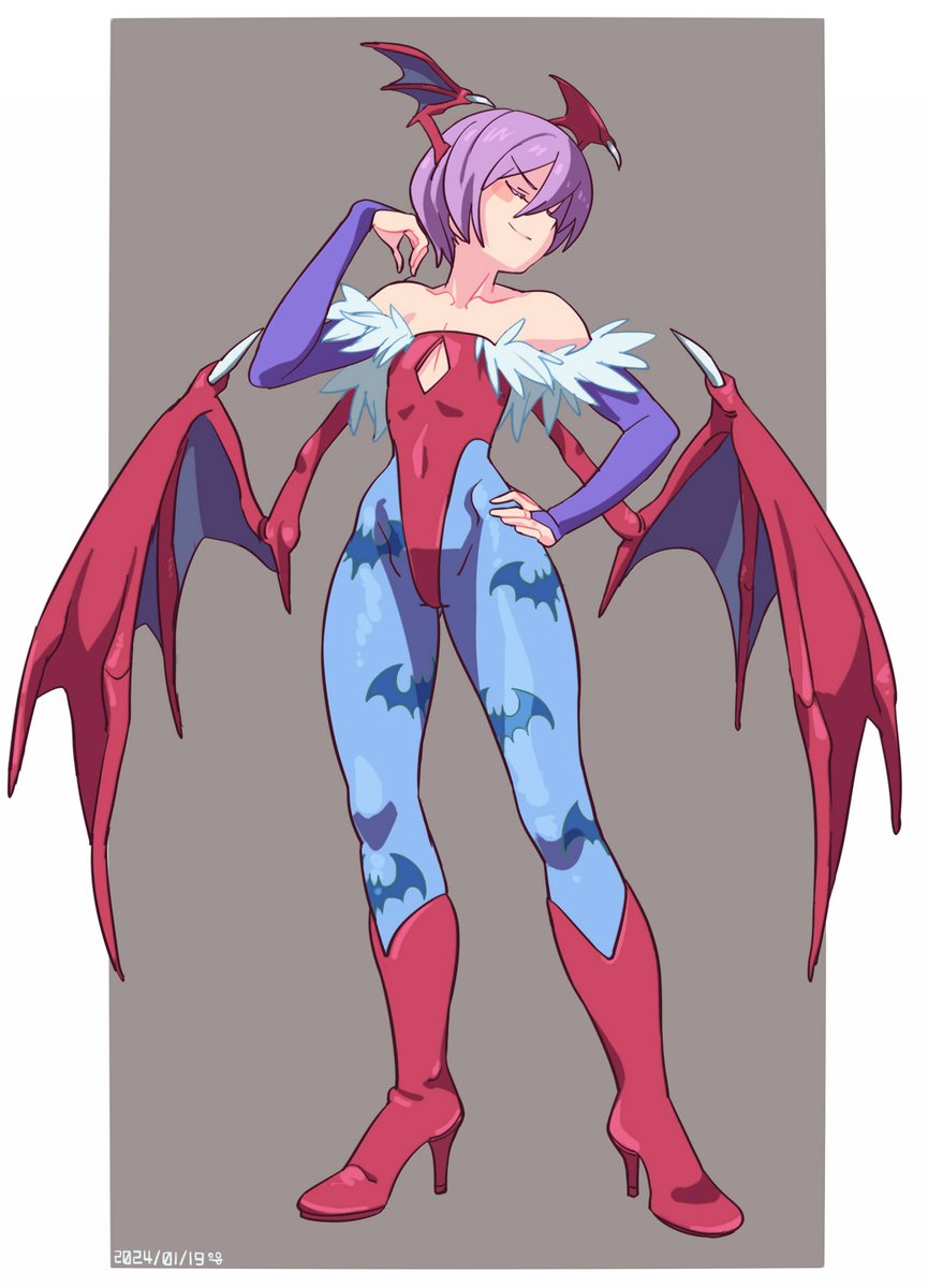 1girls, animal print, animal print legwear, arm up, blue bridal gauntlets, blue pantyhose, bridal gauntlets, closed eyes, darkstalkers, diamond cutout, female, female focus, female only, futa yuri ryona, hand on hip, head wings, hi res, high heel boots, high heels, high resolution, highleg, highleg leotard, leotard, lilith aensland, mouth closed, off-shoulder leotard, pantyhose, pink hair, pose, posing, posing for the viewer, print legwear, print pantyhose, red high heel boots, red high heels, red leotard, red wings, short hair, simple background, smile, smiling, solo, solo female, solo focus, strapless, strapless leotard, succubus, succubus wings, vampire (game), vampire savior, wings