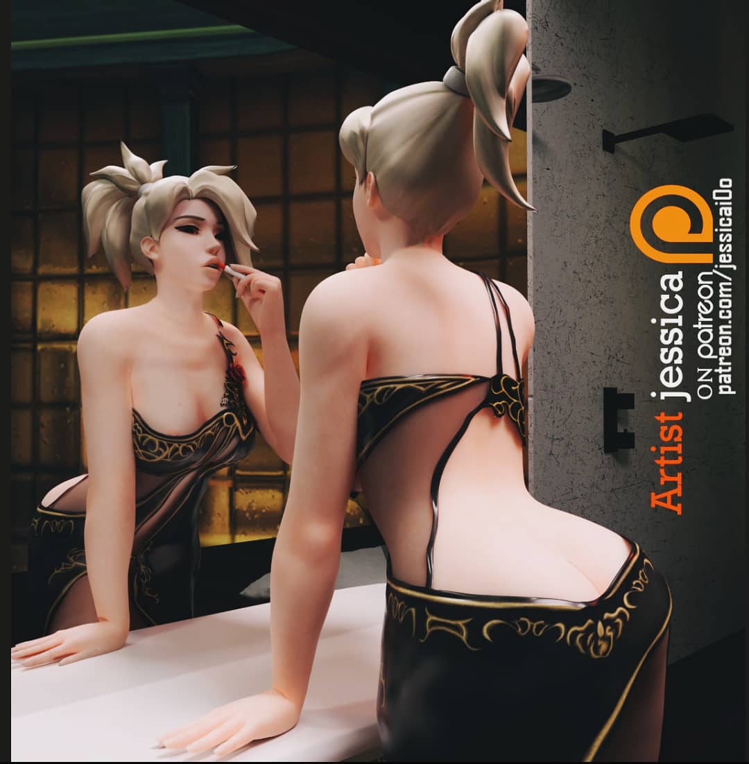 1girls 3d areolae artist.jessica ass blonde_hair breasts butt female female_only lipstick mercy mirror overwatch solo tagme