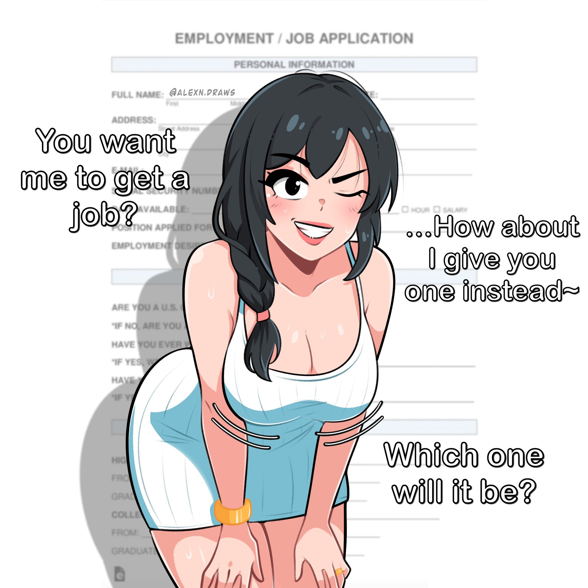 1girls, 2020s, 2025, 2025s, 2026, 2d, 2d (artwork), alexndraws, artist name, background, background text, big breasts, black eyes, black hair, braided hair, breasts, cleavage, dress, english, english text, fair skin, fair skinned female, fair-skinned female, fair-skinned female body, female, female only, funny, funny background, hands on knees, hi res, highres, human, human only, innuendo, invitation, inviting, inviting to paizuri, job application, jpg, leaning forward, looking at viewer, oc, one eye closed, original, original character, outercourse invitation, paizuri invitation, questionable, solo, solo female, solo focus, talking to viewer, text, twitter link, white dress, wink, winking, winking at viewer, wobbling breasts