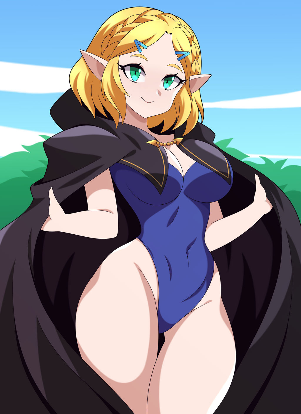 1girls, abysswatchers, blonde hair, blue one-piece swimsuit, blue swimsuit, breasts, cape, clouds, crown braid, female, green eyes, hairclip, large breasts, leotard, looking at viewer, nintendo, one-piece swimsuit, outside, princess zelda, short hair, sky, swimsuit, tagme, tears of the kingdom, the legend of zelda, trees, zelda (tears of the kingdom)