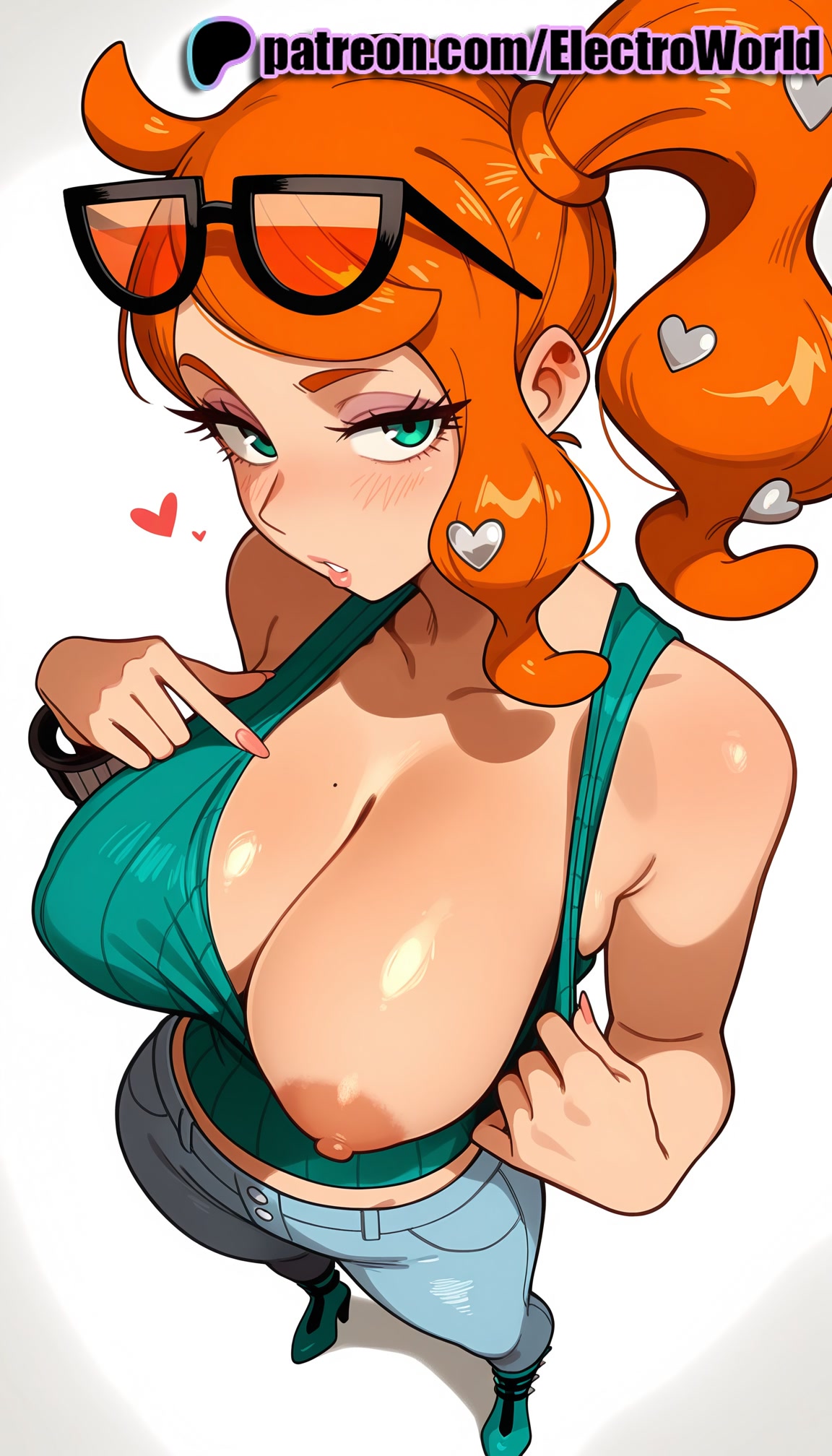 1girls, 2026, ai generated, aqua eyes, artist name, black-framed eyewear, blush, breasts, bust, chest, clothes pull, downblouse, electroworld, exposed nipples, eyewear on head, female, flashing, hair ornament, heart, heart hair ornament, hi res, high quality, high resolution, highres, nail polish, nipples, nipples outside, one breast out, orange hair, pants, patreon, patreon username, pokemon, side ponytail, solo, sonia (pokemon), stable diffusion, sunglasses, watermark