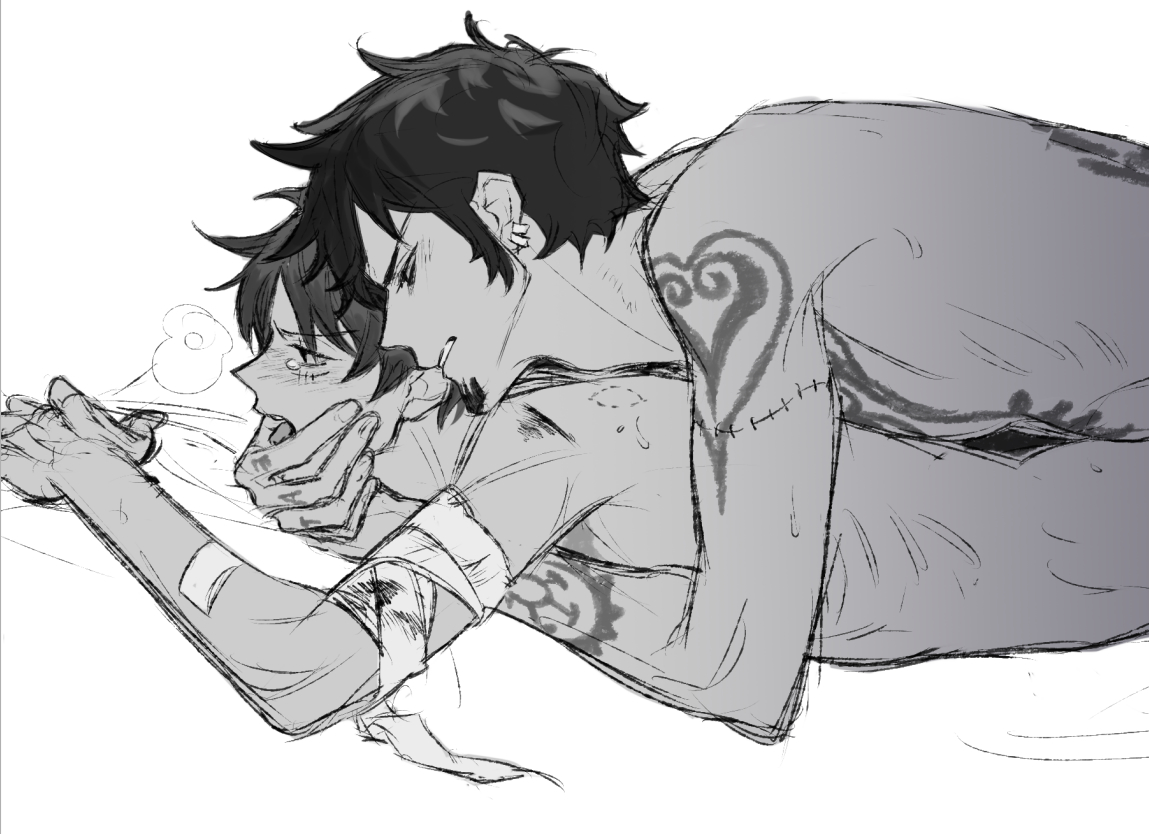 2boys, bite mark, black and white, fingers in mouth, gay, male, male only, monkey d luffy, one piece, tattoos, trafalgar law, yaoi