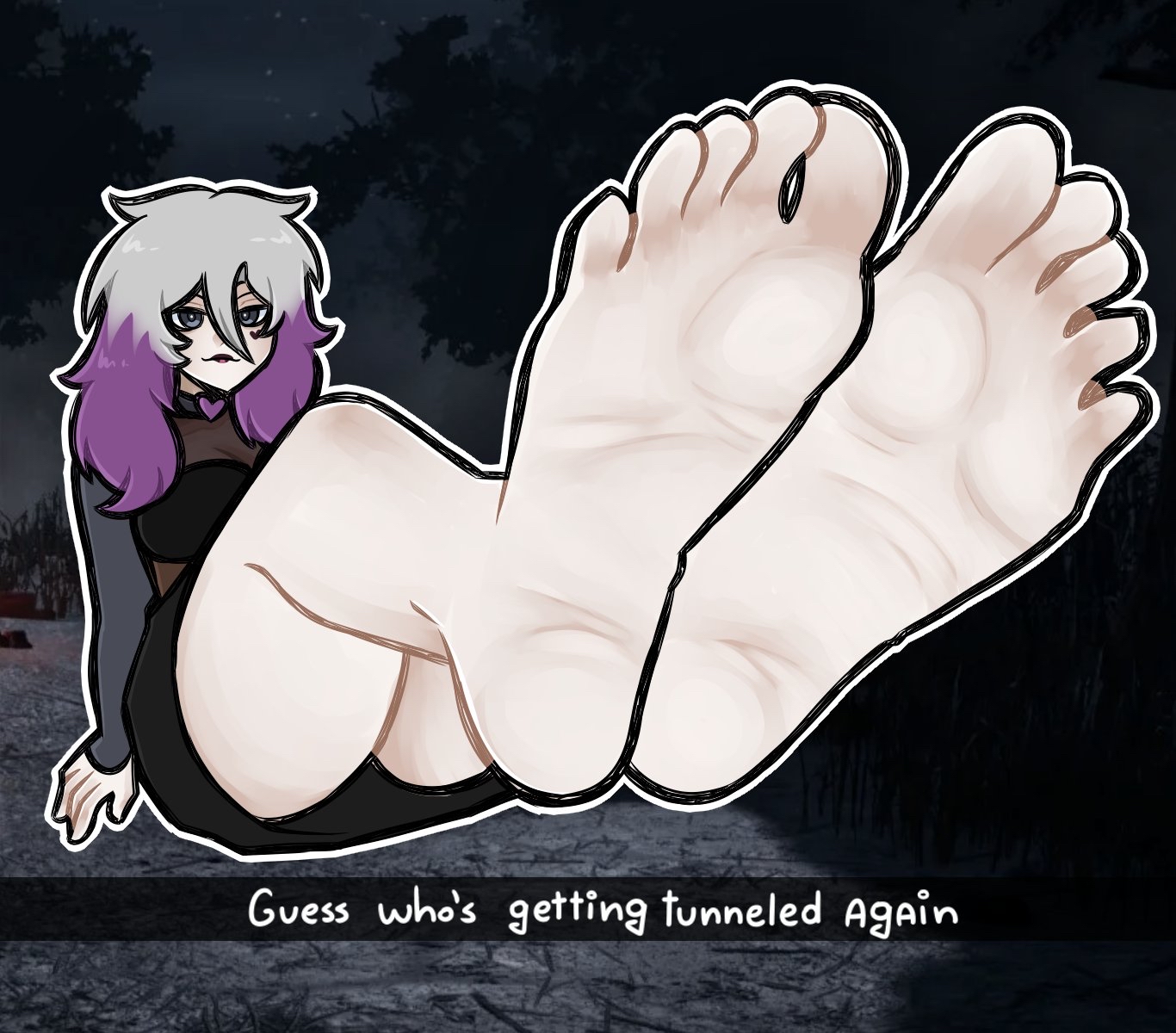 1girls, 2d, artwork (digital), choker, dbd, dead by daylight, dyed hair, epic edster, feet, feet focus, female, female only, foot fetish, fully clothed, hair highlights, light skin, light-skinned female, purple hair, sable ward, sfw, skirt, soles, white hair