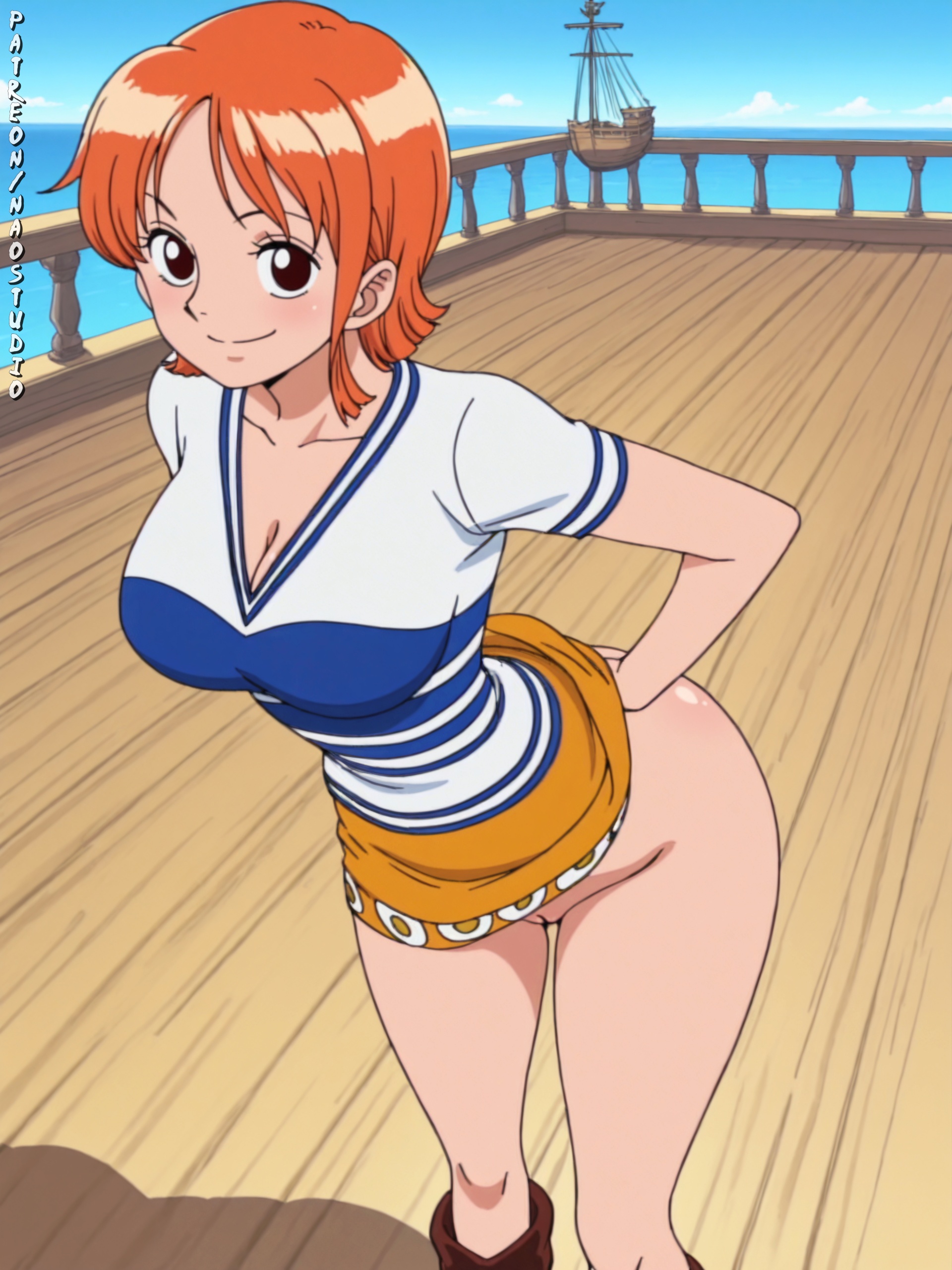 1girls, ai generated, anus, ass, breasts, brown eyes, earrings, female, female only, highres, large breasts, long hair, looking at viewer, naked, nami (one piece), naostudio, navel, nipples, nsfw, nude, one piece, orange hair, orange-haired female, pussy, smile, solo, tattoo