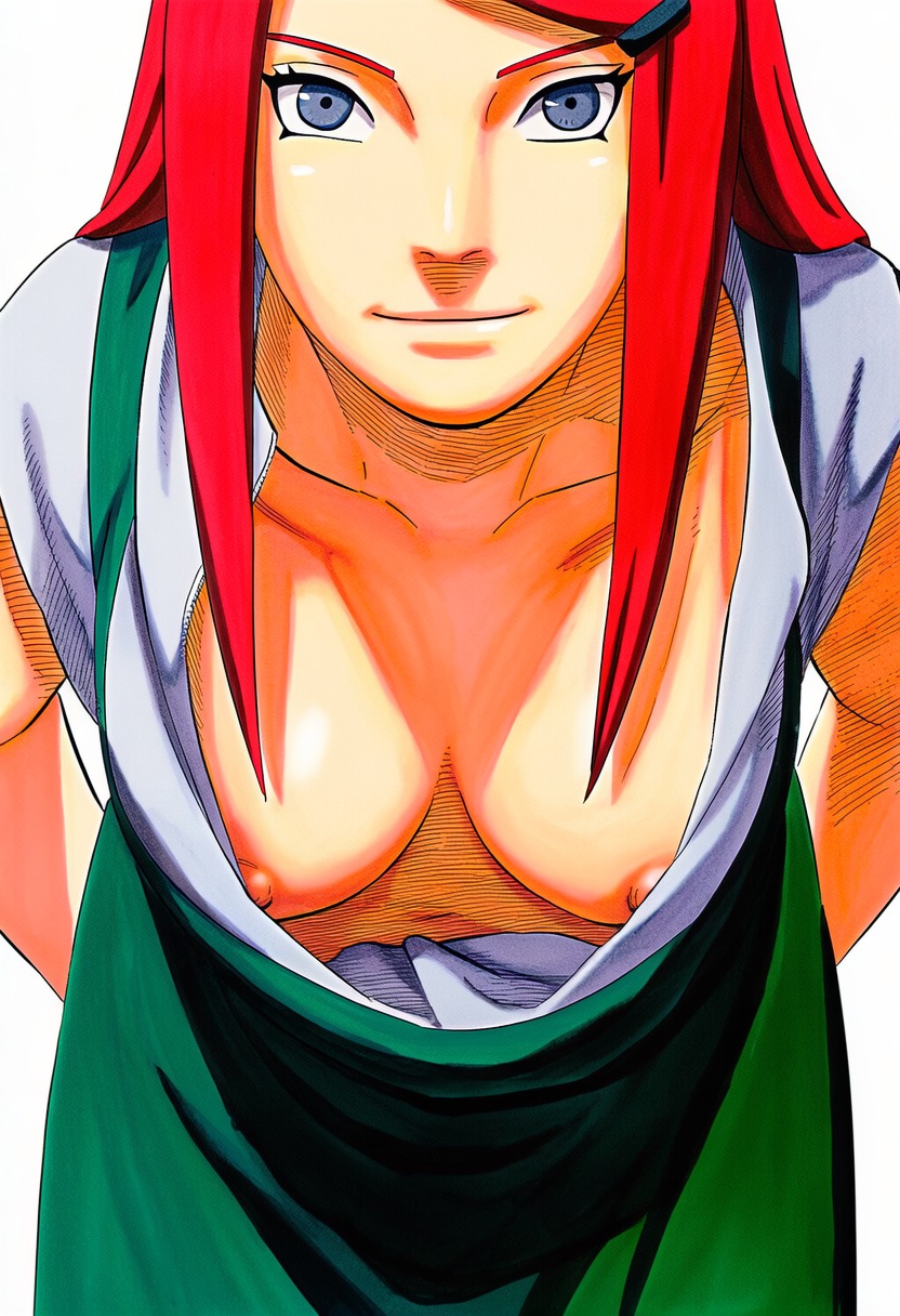 1girls, accurate art style, ai generated, big breasts, blush, breasts, cleavage, dress, dress shirt, female, female only, green dress, hair clip, hair ornament, hairclip, hourglass figure, huge breasts, light skin, light-skinned female, long hair, looking at viewer, manga style, masashi kishimoto style, milf, naruto, naruto (series), naruto shippuden, nipple slip, no bra, nude, open clothes, pinup, plain background, presenting, presenting breasts, pubic hair, pussy, red hair, sagging breasts, shirt, simple background, solo, straight hair, thighs, upper body, uzumaki kushina, white background, white shirt, zipper, zipper down, zipper pull tab, ㅇㅇ