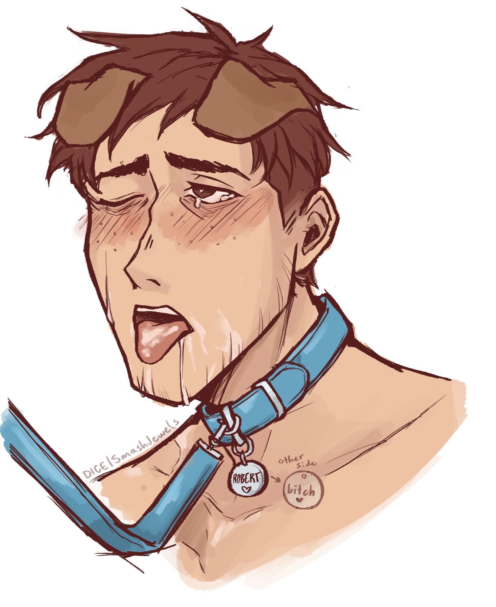 collar, dispatch (game), face closeup, gay, male, male only, no visible genitalia, open mouth, robert robertson, smashjewels, solo, tongue out, yaoi