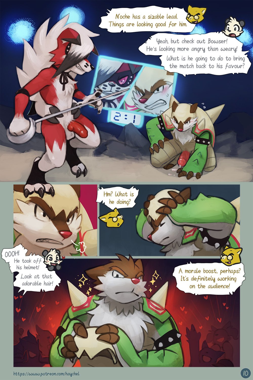 2boys animal_genitalia animal_penis anthro armor canine_penis chesnaught chubby comic dialogue duo_focus english_text erection furry group haychel helmet knot lycanroc male male_only melee_weapon midnight_lycanroc nintendo nude original_character penis pokémon_(species) pokemon pokemon_(species) pokemon_sm pokemon_xy size_difference speech_bubble sword text url video_games watermark weapon