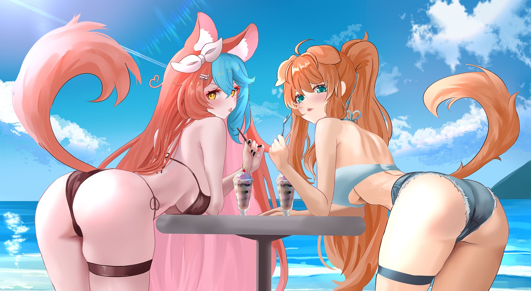 2d, 2d (artwork), 2girls, animal ears, ass, ass focus, beach, big breasts, bikini, blue eyes, blue hair, blush, breasts, brown hair, butt focus, collar, dog ears, dog girl, estebaneishon1, fanart, female, keiramevt, latam virtual youtuber, light skin, light-skinned female, lilybell vt, long hair, looking at viewer, ocean, oneeshi, ponytail, suggestive, tail, thick thighs, thighs, tongue out, two-tone hair, virtual youtuber, vtuber, vtuberfanart, water, yellow eyes
