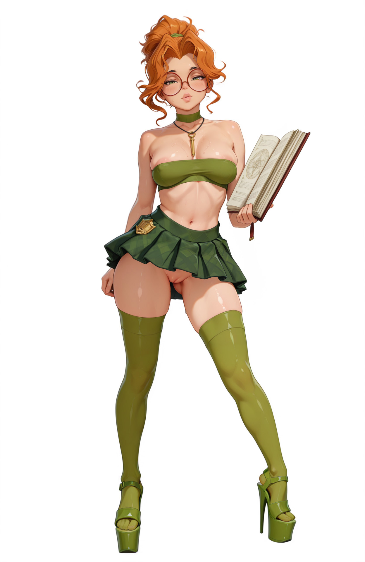 ai generated, bandeau, book, deadlock, female, high heels, holding object, nipslip, open book, paige (deadlock), platform heels, ponytail, pussy, round glasses, skirt, stockings