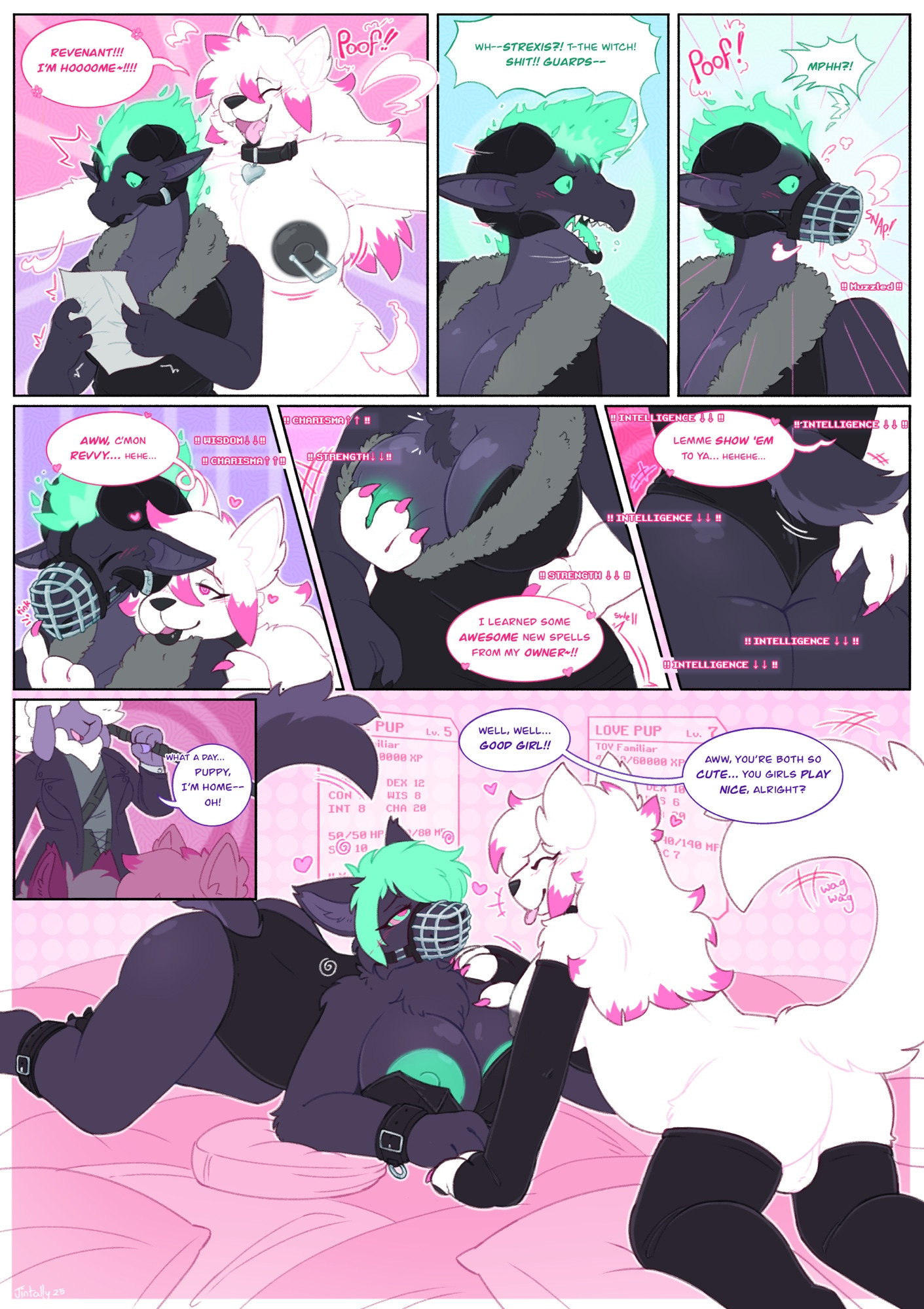 2d, 8 panel comic, anthro, areola, areola slip, areolae, black areola, black horn, black leotard, canid, canid humanoid, canine, canine humanoid, clothing transformation, collar, comic, domestic dog, dragon, fur trim, furry, gameplay mechanics, green areola, green eyes, groping, groping breasts, hug, hypnosis, intelligence loss, iq loss, jintally, june (jintally), leotard, muzzle (object), mythology, nipple piercing, open mouth, pet, pink eyes, pink fur, sheep, sheep girl, species transformation, speech bubble, spiral eyes, stat change, status monitor, text, transformation, white fur, witch