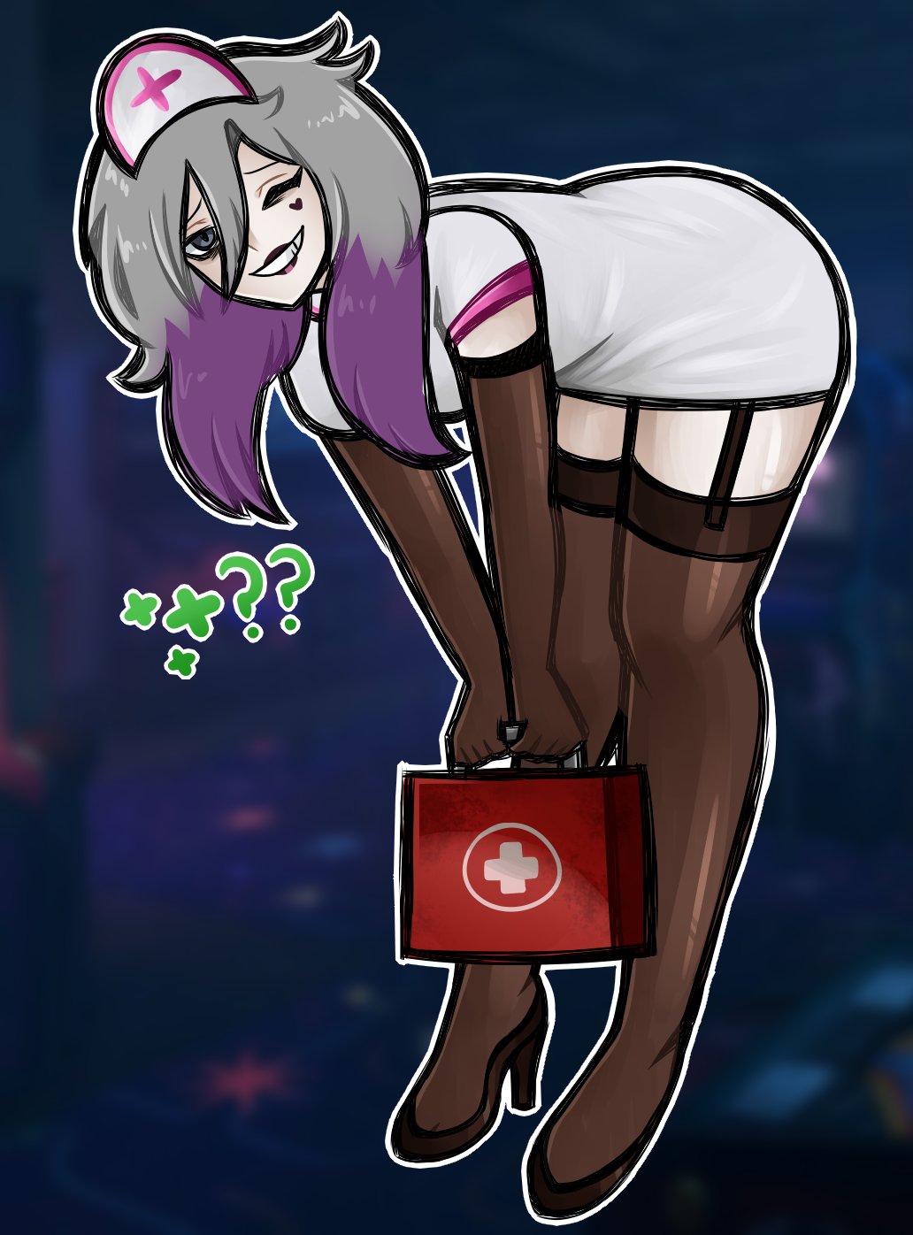 1girls, 2026, 2d, bent over, choker, dbd, dead by daylight, epic edster, female, female only, garter belt, garter straps, gloves, hair highlights, heels, light skin, light-skinned female, nurse, nurse cap, nurse uniform, purple hair, sable ward, sfw, stockings, white hair