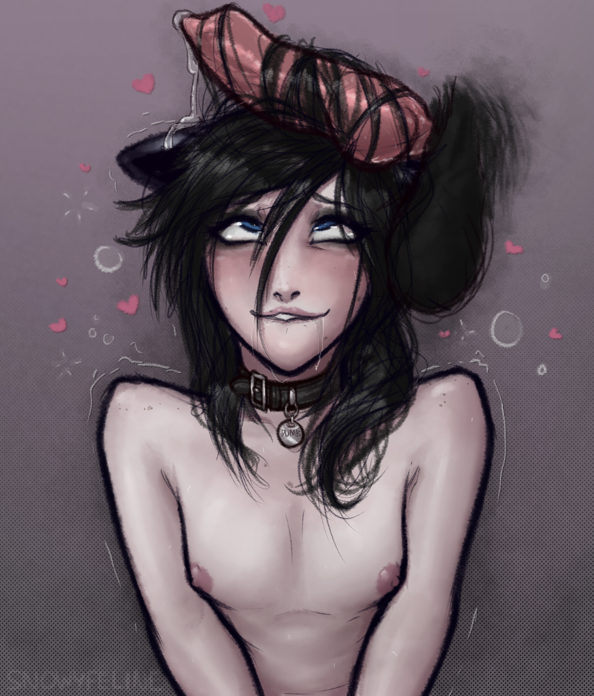 animal genitalia, animal humanoid, animal penis, areola, balls, black hair, blue eyes, breasts, canine penis, cat humanoid, collar, disembodied penis, drooling, duo, erection, eye roll, felid, felid humanoid, feline, feline humanoid, female, hair, hairjob, heart, humanoid, knot, lips, male, mammal, nipples, nude, penis, precum, saliva, small breasts, snowyfeline, straight