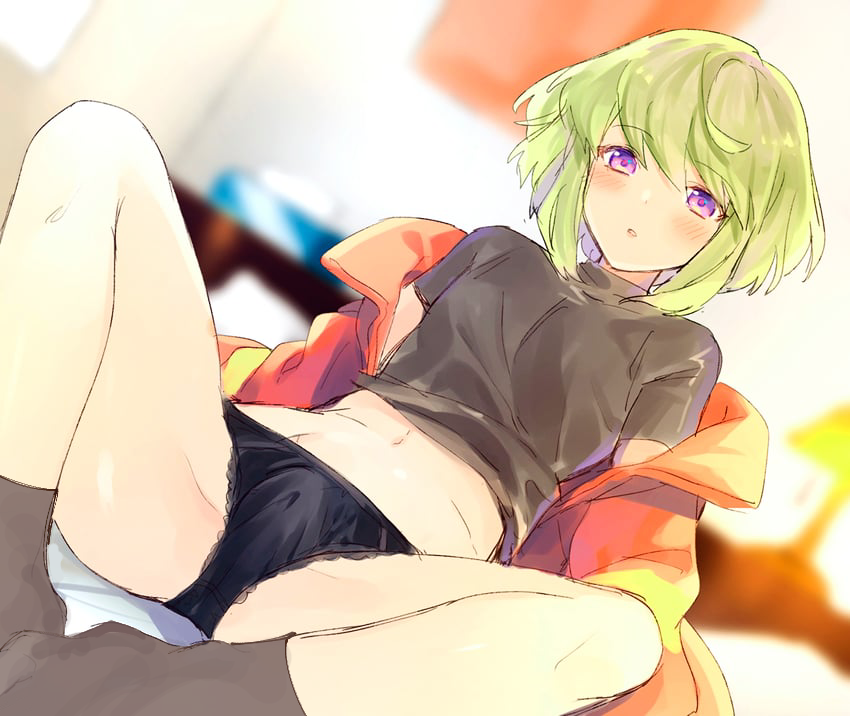 1boy, 2d, 2d (artwork), androgynous, black panties, blush, bob cut, bulge, bulge through clothing, clothed, clothing, embarrassed, femboy, femboy focus, legs spread, lio fotia, male, panties, petite, petite body, petite male, pov, promare, short hair, shy, slim, slim male, slim waist, socks, solo, solo focus, tight clothing, twink