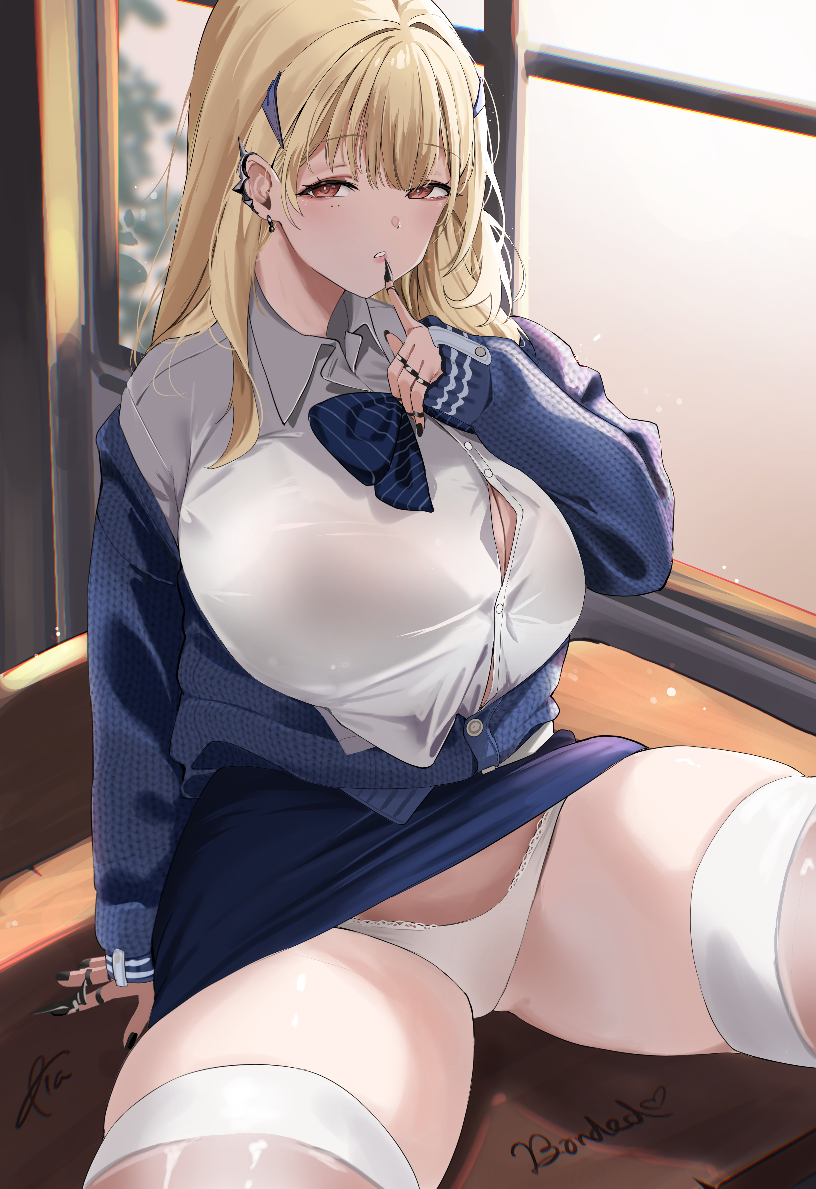 1girls, absurdres, blonde hair, blue bow, blue bowtie, blue cardigan, blue skirt, bow, bowtie, bra visible through clothes, breasts, button gap, cardigan, classroom, claw ring, cleavage, clothes lift, collared shirt, commentary, desk, earrings, finger to mouth, goddess of victory: nikke, gyaru, hair ornament, hairclip, highres, huge breasts, indoors, jewelry, kogal, long hair, long sleeves, looking at viewer, miz blank, mole, mole under eye, multiple rings, on desk, panties, pantyshot, red eyes, ring, school desk, shirt, sitting, skindentation, skirt, skirt lift, spike piercing, spread legs, symbol-only commentary, thick thighs, thighhighs, thighs, tia (nikke), underwear, white panties, white shirt, white thighhighs