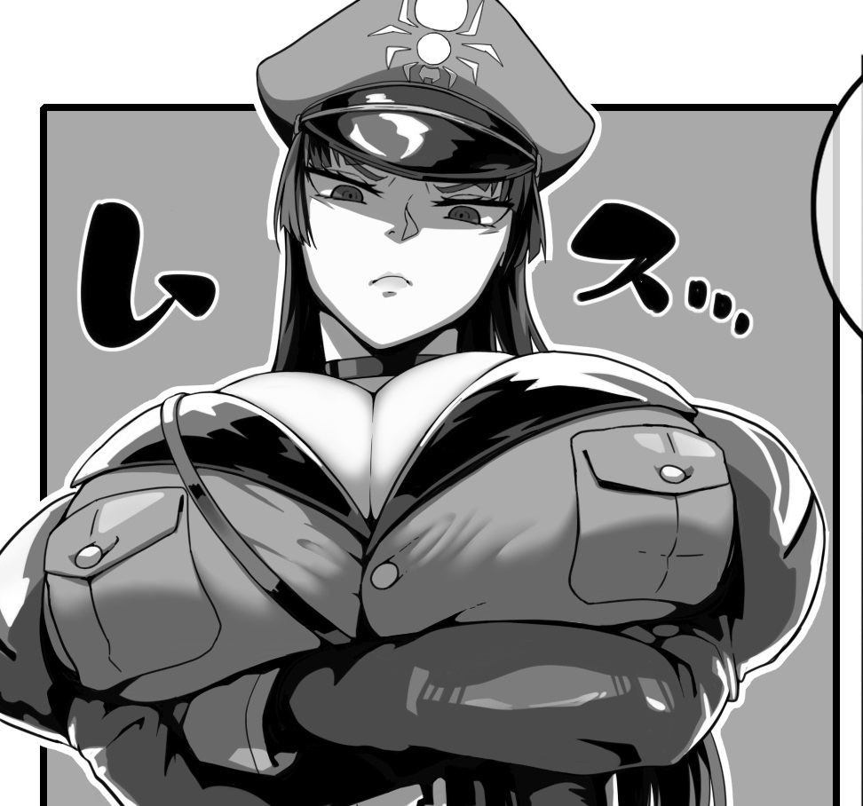 angry, big breasts, black hair, breasts, choker, cleavage, female, huge breasts, large breasts, military uniform, monochrome, staring, tight clothing, viewed from below