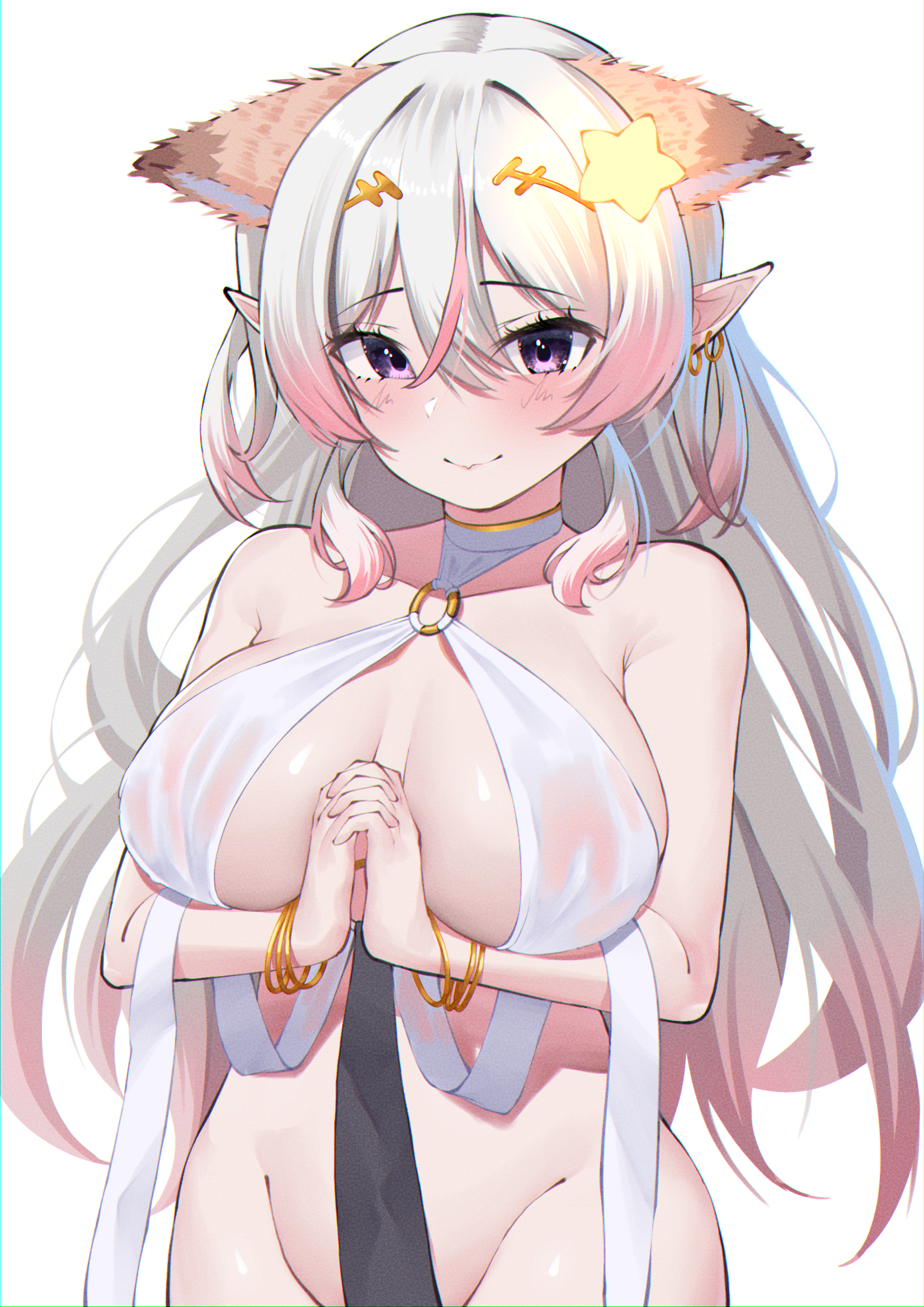 1girls, animal ears, annytf, bare hips, bare shoulders, big breasts, bracelet, breasts, celestine lucullus (cosplay), commentary request, cosplay, earrings, female, gradient hair, groin, highres, himeliofon, hips, indie virtual youtuber, jewelry, kuroinu ~kedakaki seijo wa hakudaku ni somaru~, large breasts, long hair, looking at viewer, massive breasts, multicolored hair, o-ring, own hands together, pink hair, pointy ears, purple eyes, smile, solo, thighs, upper body, very long hair, virtual youtuber, vtuber, white hair