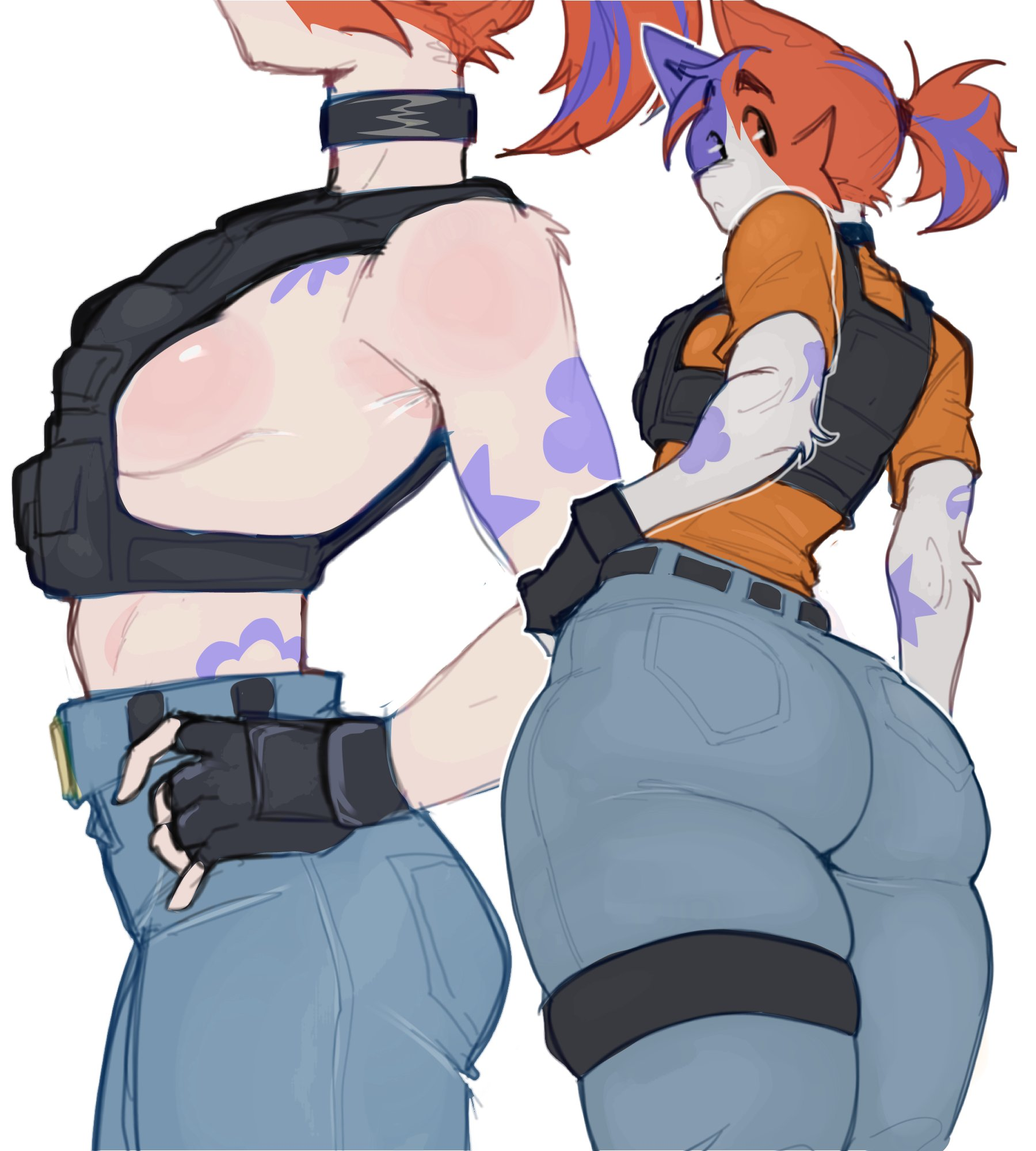 anthro, ass, back view, bat bad, big ass, breasts, calico cat, cate meowdy (fortnite), feline, female, fortnite, fortnite: battle royale, looking back, shirtless, side view, sideboob, tailless