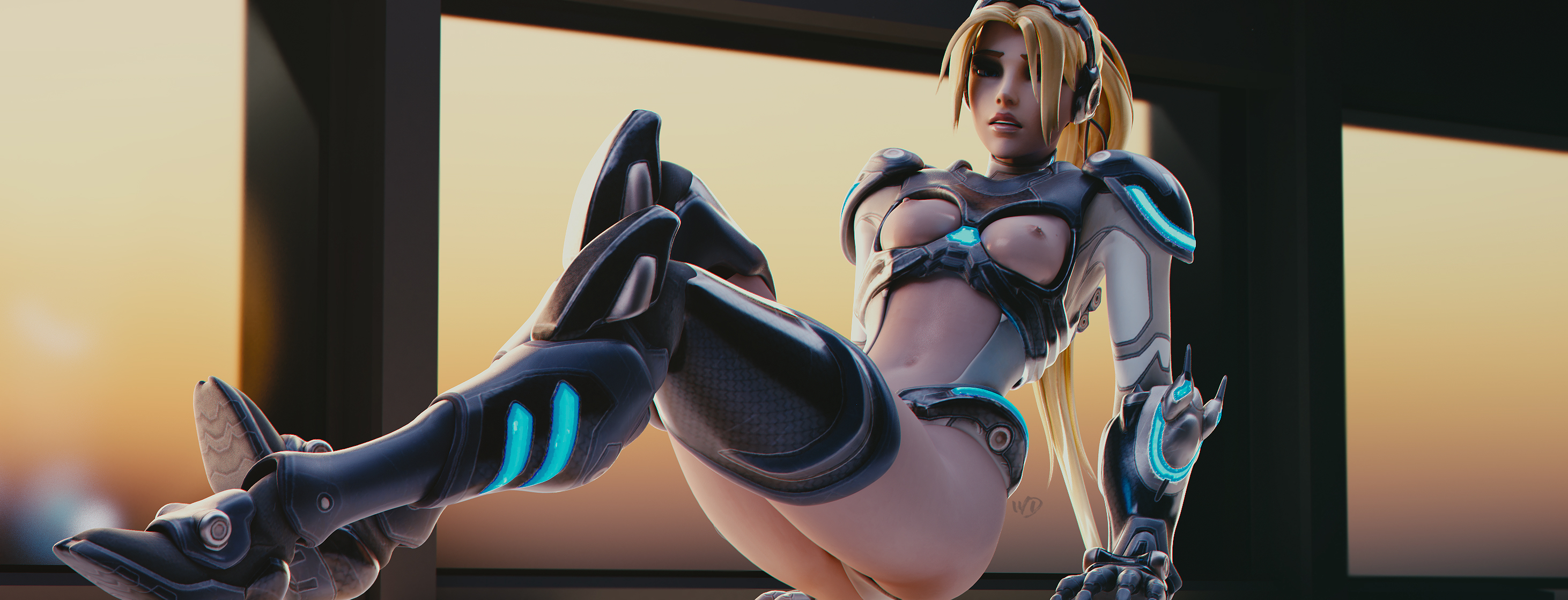 1girls, 3d, alternate costume, amelie lacroix, areolae, blender, blizzard entertainment, breasts, crossover, female, female only, looking at viewer, nipples, nova (starcraft), nova widowmaker, overwatch, sitting, solo, solo female, starcraft, starcraft 2, widowmaker, wunder