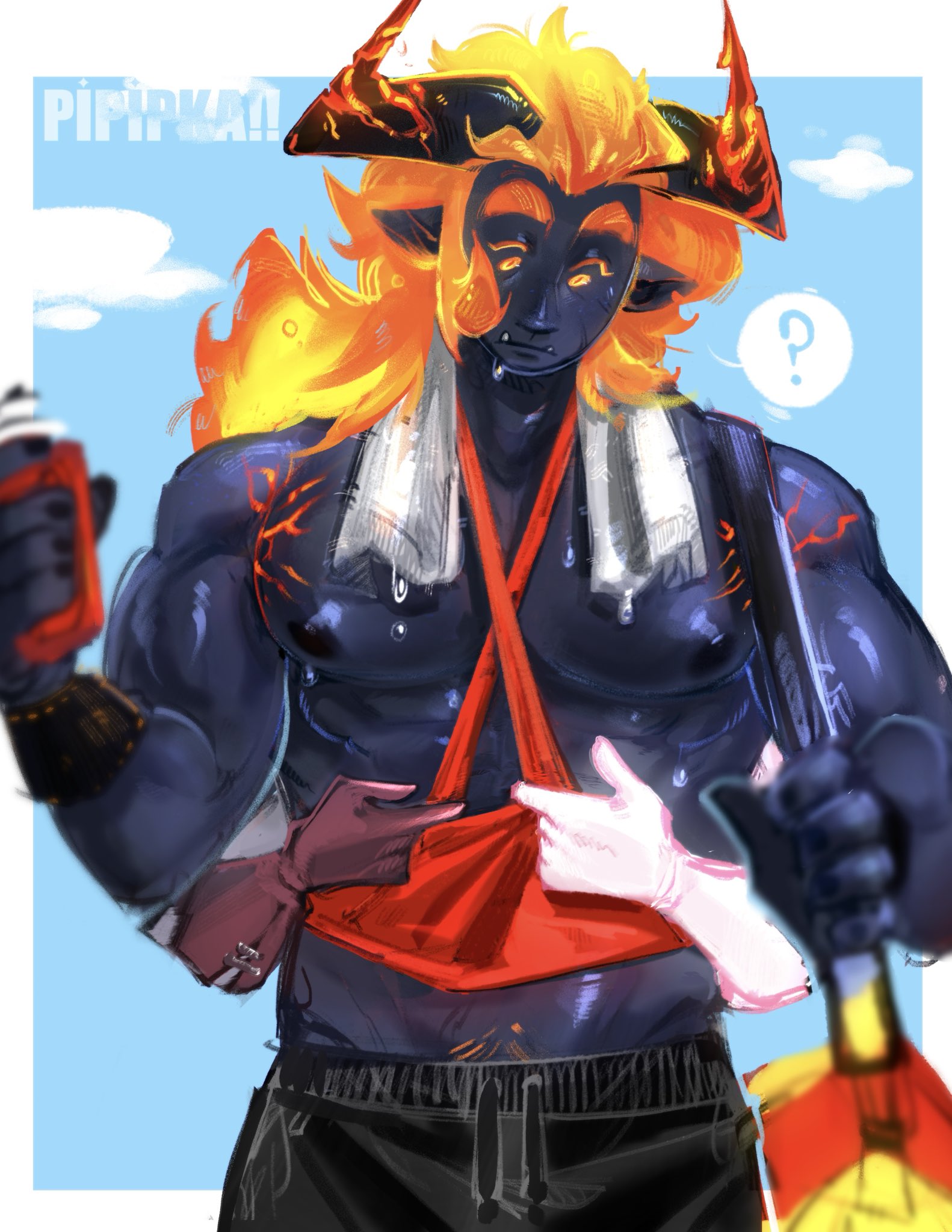 bara, big pecs, capsaicin cookie, cookie run, cookie run kingdom, dark skin, kouign-amann cookie, muscular, pipipka, prune juice cookie, red hair, sweating, tugging clothing