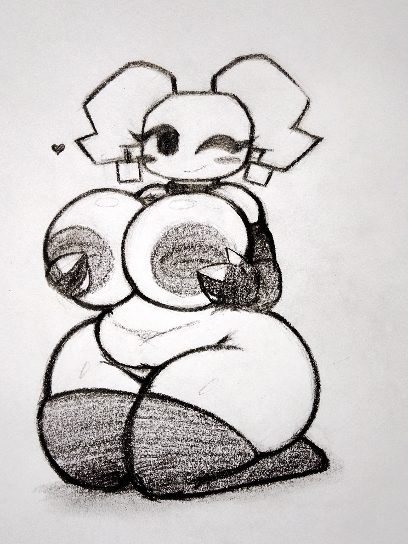 1girls, areolae, arm sleeves, blushing, breasts, bush, choker, chubby, chubby female, collar, earrings, elbow gloves, eyelashes, female, greyscale, heart symbol, mario (series), mimi (super paper mario), mob face, nipples, nude, nude female, paper mario, pencil (artwork), rand0m 293, shortstack, stockings, traditional media (artwork), twintails
