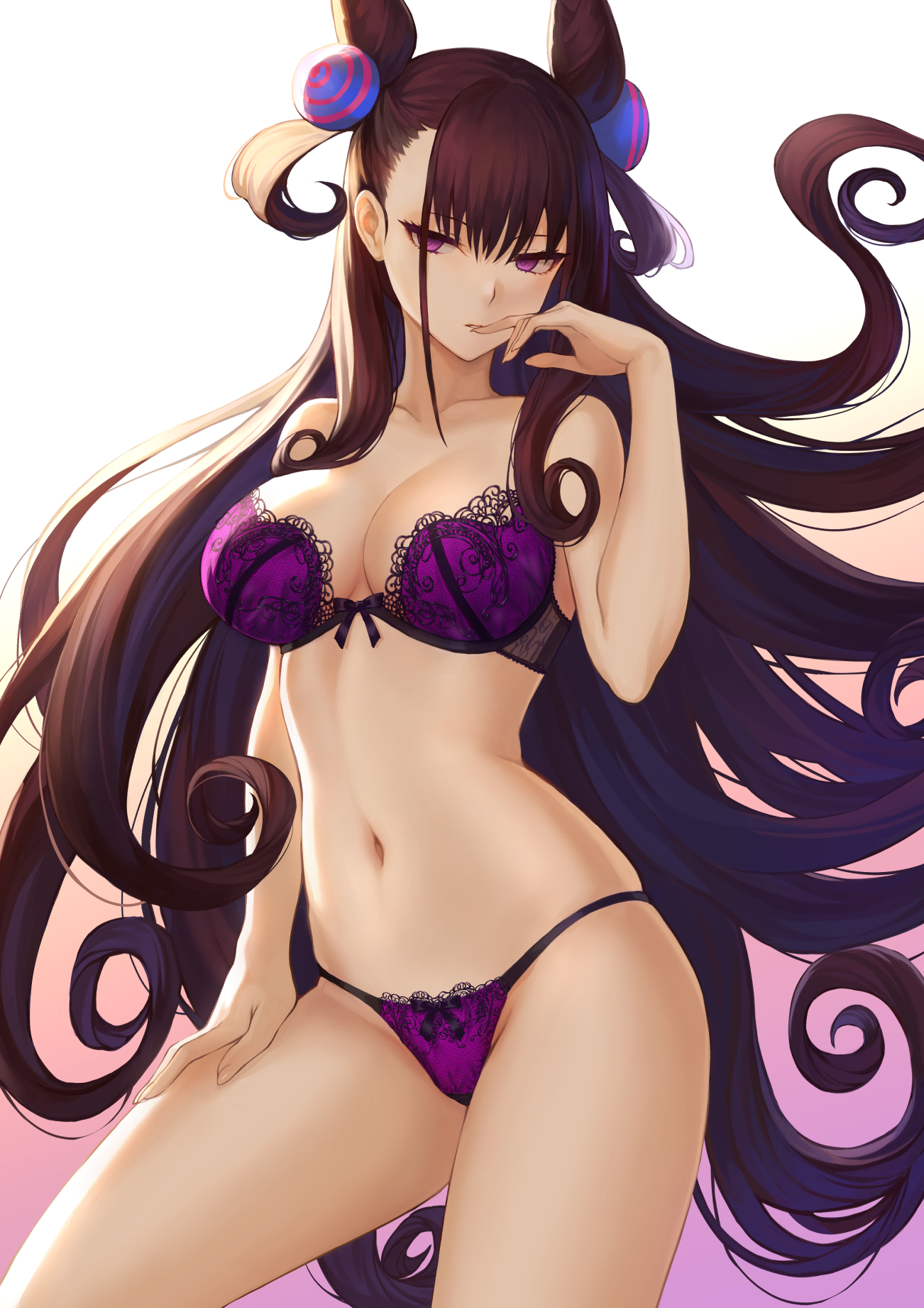 1girls, bra, breasts, cleavage, fate (series), fate/grand order, female, female only, lingerie, long hair, looking at viewer, mashu 003, midriff, murasaki shikibu (fate), panties, purple bra, purple lingerie, purple panties, solo, thong, underwear