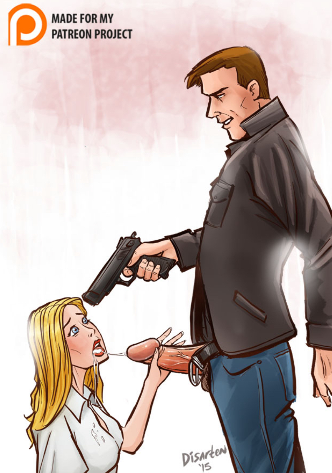 1boy, 1girls, after oral, after rape, disarten, gun, rape