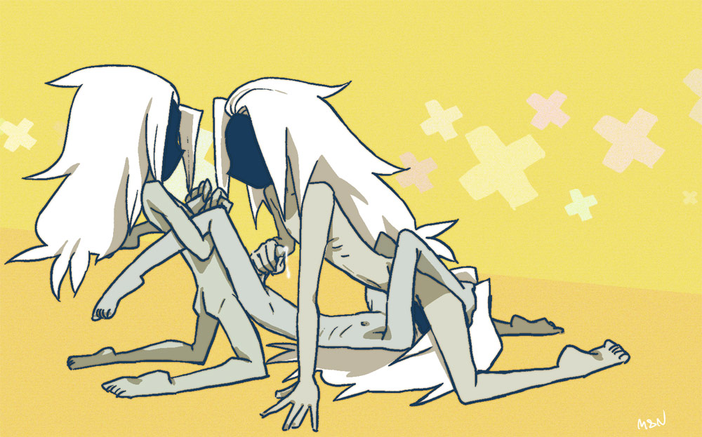 3boys anal anal_sex cum faceless gay handjob human long_hair male male_only mask mizuno_(artist) nintendo nipples oral penis pokemon pokemon_bw ribs rimjob sex shadow_triad skinny source_request text threesome watermark white_hair yaoi yellow_background