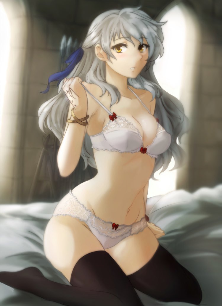 black_legwear bra bracelet breasts cleavage female fire_emblem fire_emblem:_radiant_dawn jewelry long_hair medium_breasts micaiah_(fire_emblem) navel pantsu parted_lips silver_hair sitting solo thighhighs tridisart underwear wall white_bra white_panties white_underwear window yellow_eyes