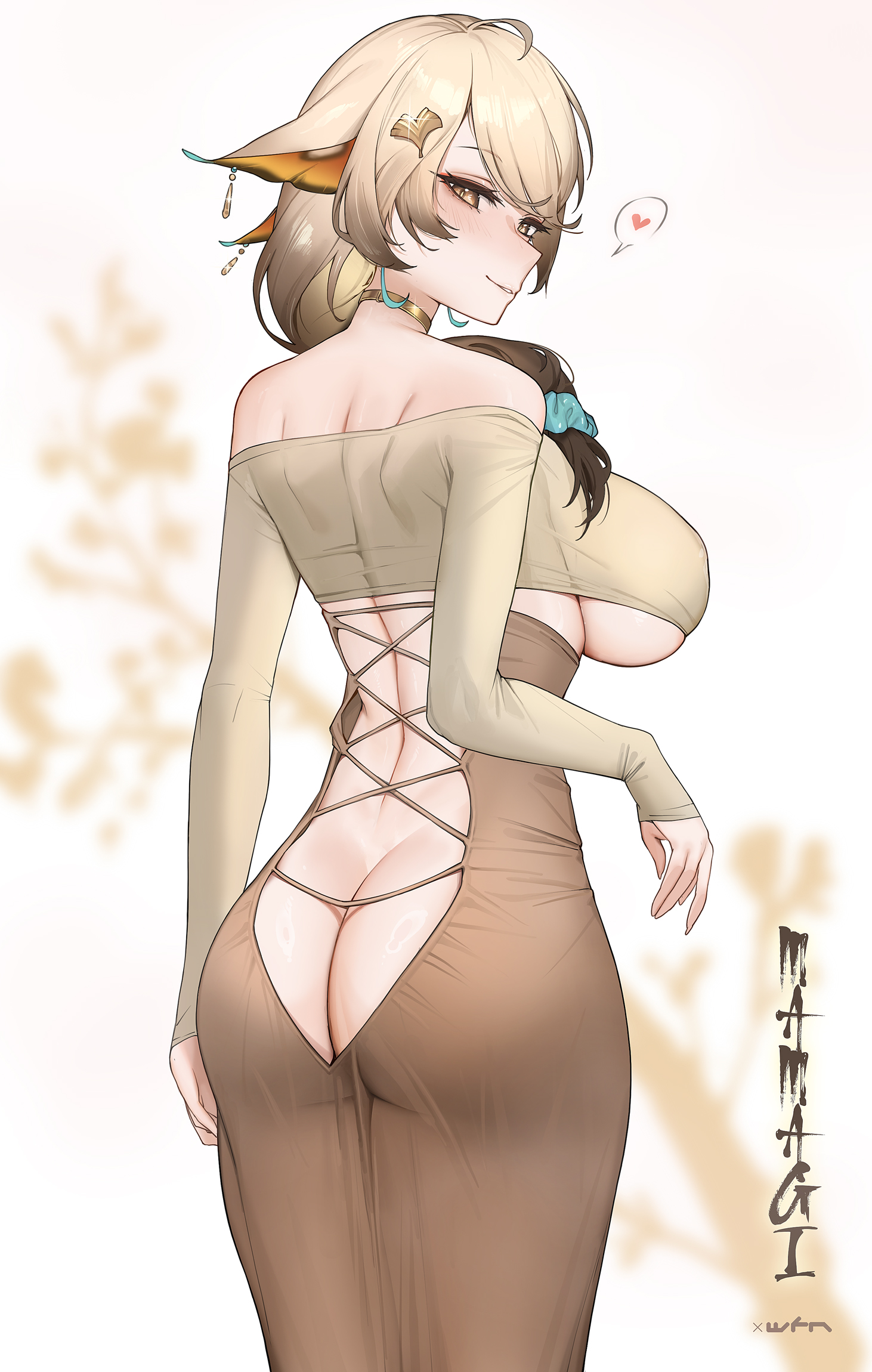 1girls, alternate breast size, arthropod girl, ass cutout, ass hanging out, back, backless dress, backless outfit, bare shoulders, big ass, big breasts, blonde hair, blue scrunchie, blush, breasts, brown choker, brown dress, brown eyes, brown hair, butt crack, choker, clothing cutout, cosplay, cropped shirt, cross-laced clothes, cross-laced dress, dress, earrings, female, from behind, gradient hair, guitar little sister (hitomi o), guitar little sister (hitomi o) (cosplay), hair ornament, hair over shoulder, hair scrunchie, hairclip, heart, highres, indie virtual youtuber, insect girl, jewelry, large breasts, long sleeves, looking at viewer, looking back, moth girl, multicolored hair, no panties, nose blush, off shoulder, off-shoulder shirt, parted lips, sanagi yuzu, sanagi yuzu (yuzu 2.0), scrunchie, seductive smile, shirt, smile, solo, spoken heart, swept bangs, underboob, virtual youtuber, vtuber, whisperingfornothing, yellow shirt