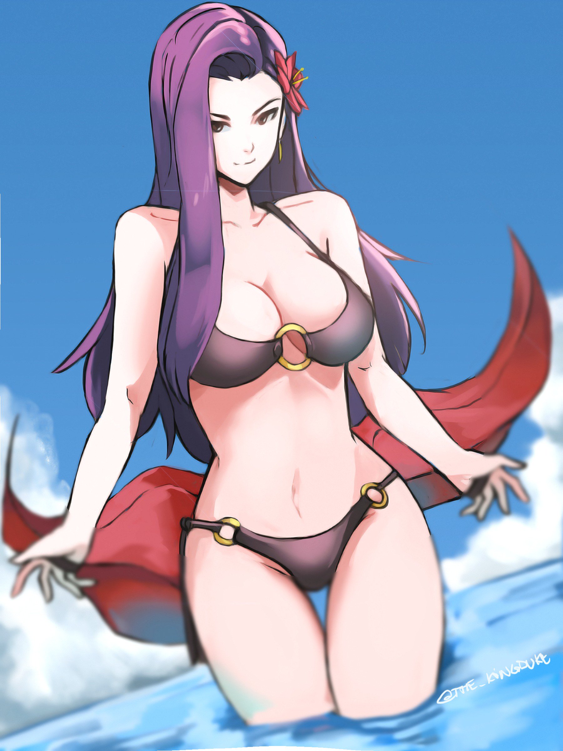 bikini, black bikini, black swimsuit, blue sky, breasts, cleavage, closed mouth, cloud, day, female, female only, fire emblem, fire emblem echoes: shadows of valentia, fire emblem gaiden, flower, hair flower, hair ornament, high resolution, human, human only, long hair, looking at viewer, o-ring, o-ring bikini, outdoors, partially submerged, purple hair, sky, smile, solo, sonya (fire emblem), summer, swimsuit, tommy (kingdukeee), twitter username, very high resolution, wading, water