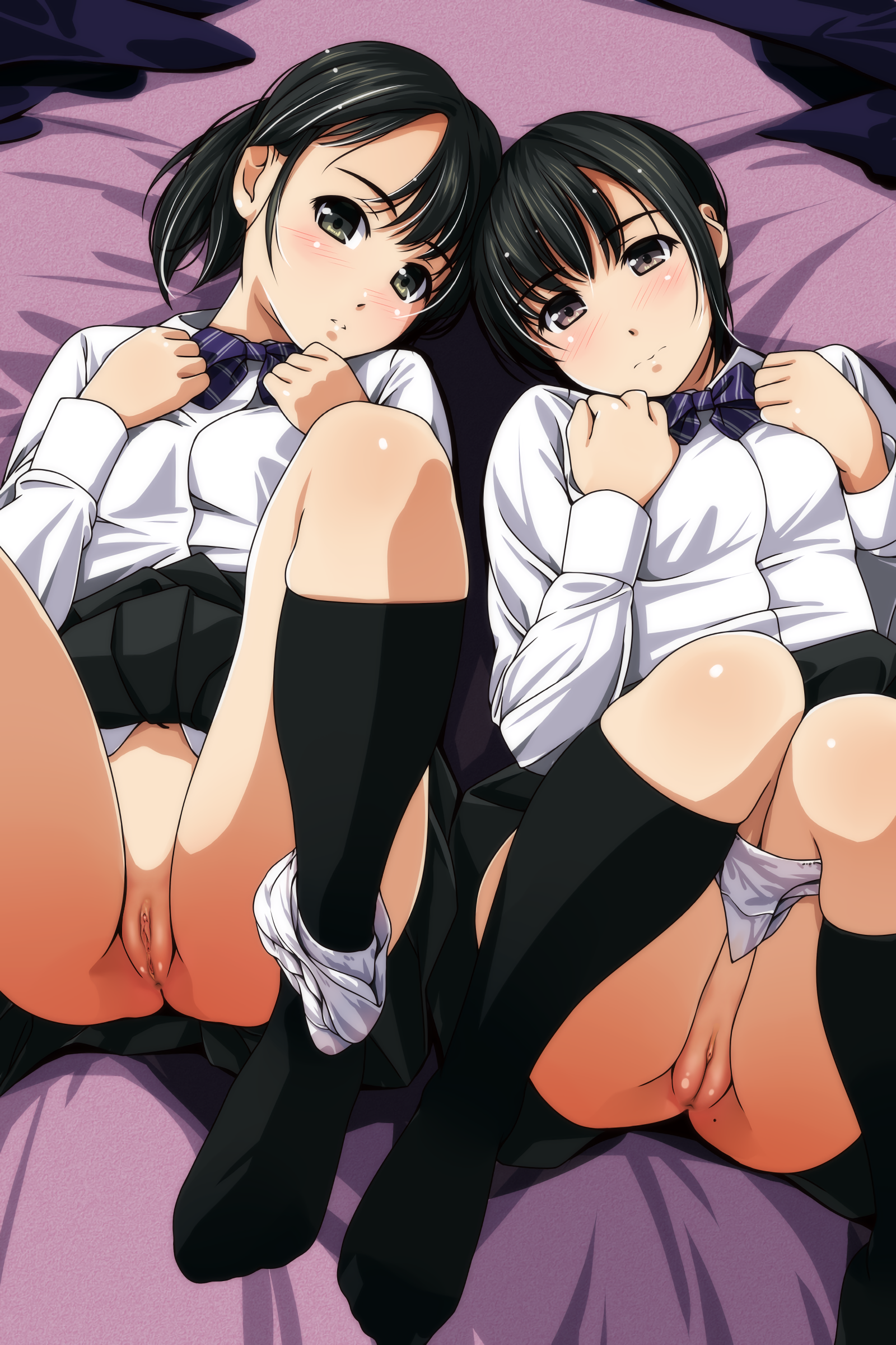 2girls, bottomless, female, matsunaga kouyou, multiple females, multiple girls, panties around leg, panties around one leg, pussy, school uniform, schoolgirl, tagme