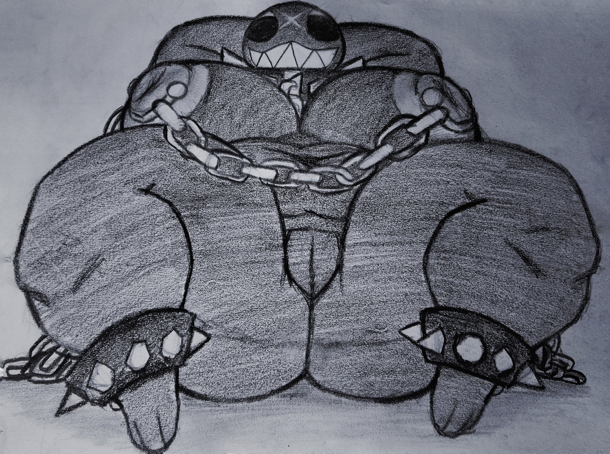 1girls, black body, black skin, boobs, breasts, chain chomp, chains, female, female only, gigi (thecoatl034), greyscale, lying on back, mario (series), nintendo, nipple piercing, nipples, nude, nude female, pencil (artwork), rand0m 293, scar, scar on forehead, sharp teeth, spiked bracelet, spiked collar, traditional media (artwork)